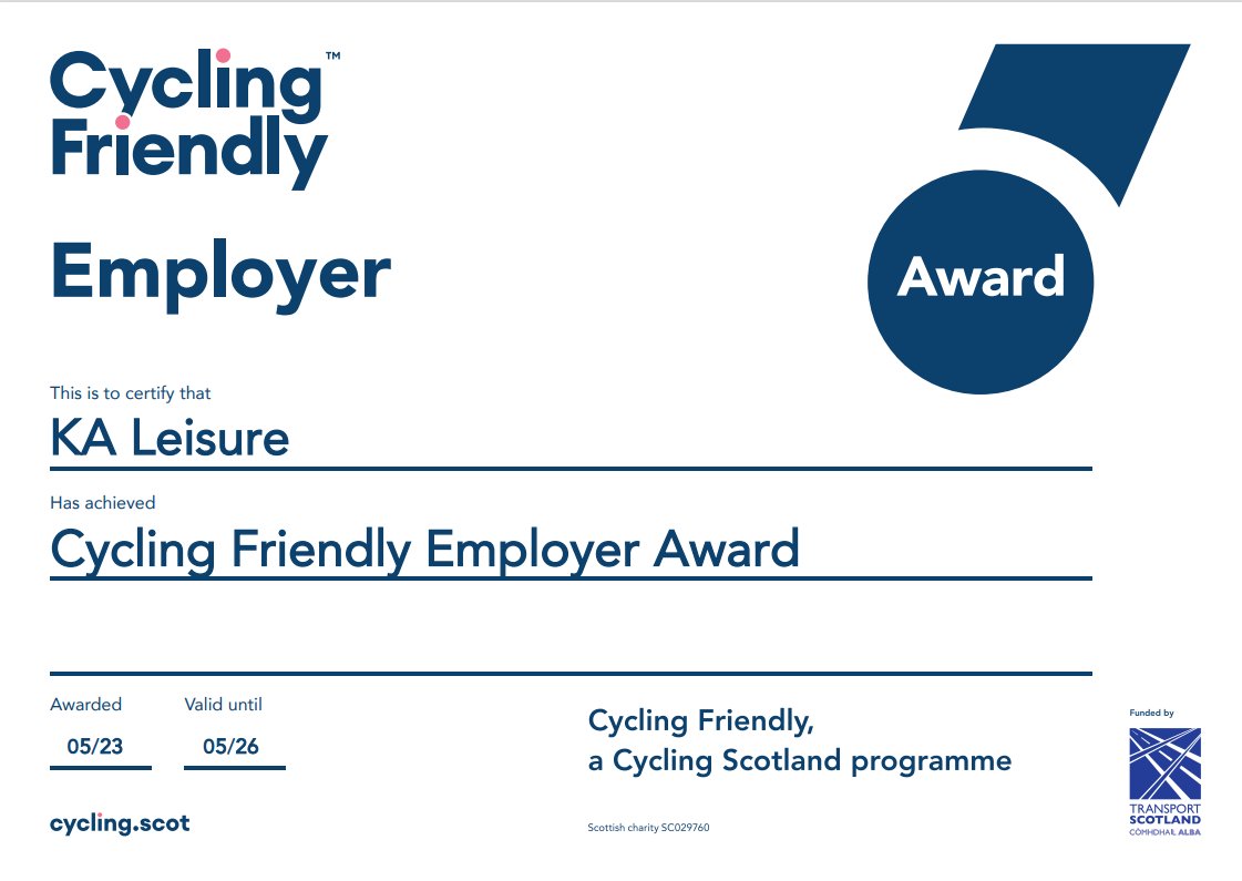KA Leisure is a proud Cycle friendly employer! We recently received our award from @CyclingScotland and will continue to encourage our staff to cycle to work if they wish 🚴‍♂️

#cycletowork #greentravel #cycling #bikefriendly