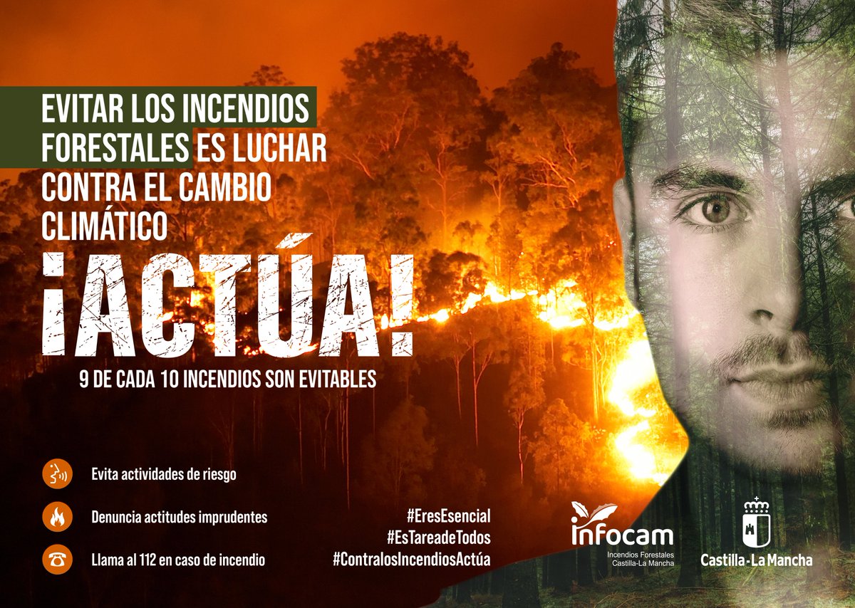 Plan_INFOCAM's tweet image. 👀Extrema las precauciones en el monte y en el campo
🚨Evita situaciones de riesgo  
🔥9 de cada 10 #IIFF  son evitables #ContralosincendiosACTÚA 
#EsTareaDeTodos 
#CLM