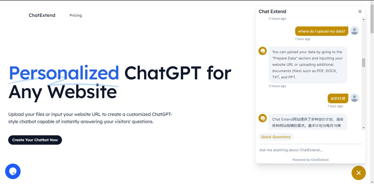 ✨Your website content can now be transformed into a personalized chatbot.

Imagine having an AI that knows everything about your website, ready to chat in an instant! 

result? Support agents that never sleep, delivering exceptional customer support 24/7

ChatExtend.com