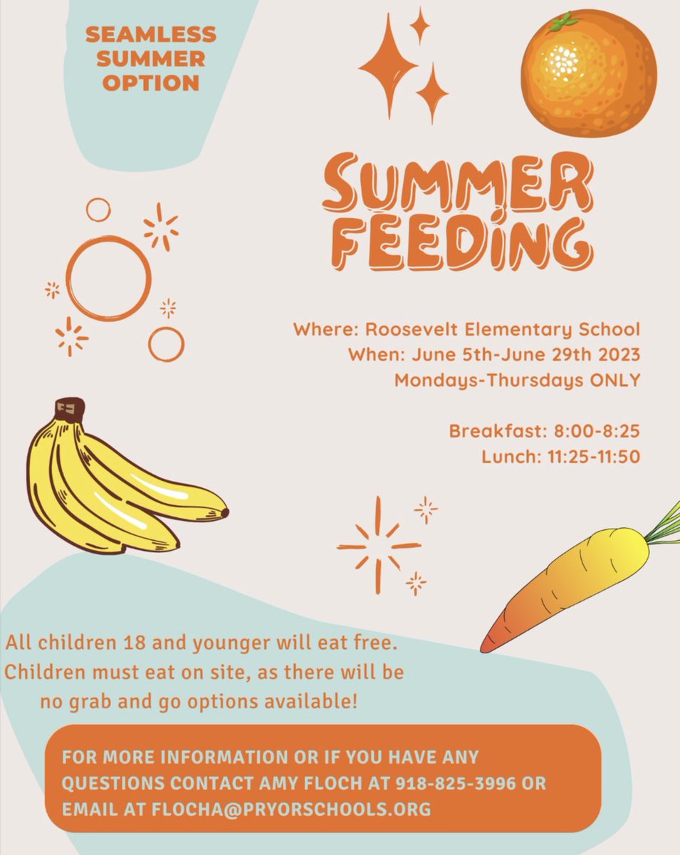 ➡️Breakfast and Lunch will be served free of charge to anyone 18 &amp; under this June @ Roosevelt Elementary School. Monday-Thursday only(must eat on site). If you have any questions please contact Amy Floch @ 825.3996