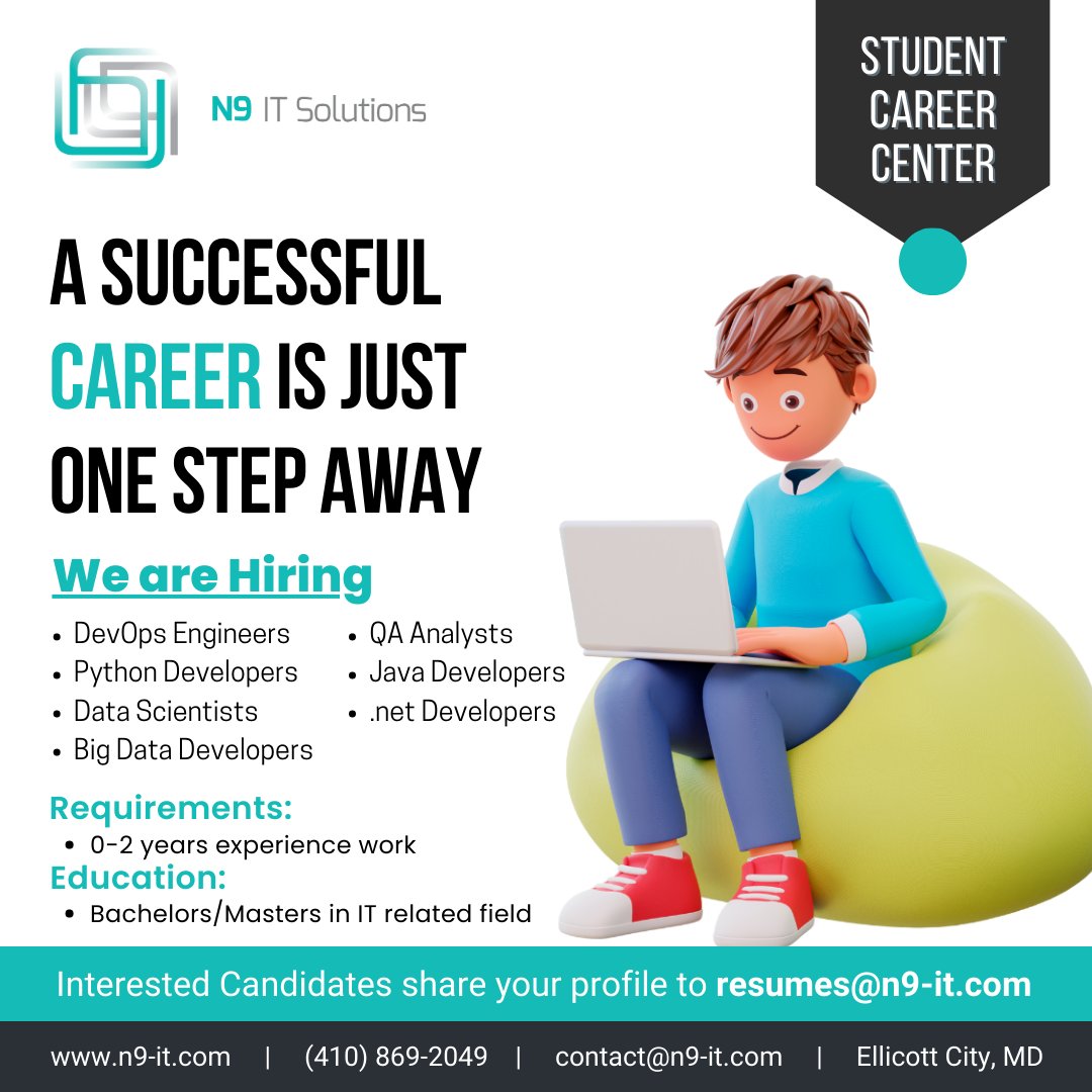 n9_IT_solutions's tweet photo. A successful career is Just One Step Away...!
We are Hiring all recent Graduates...!
Contact us for more details - +1 410-869-2049
Website - https://t.co/m4Uq6kh5XX

#studentcareercenter #graduationhiringprogram #SQL #sqldeveloper #devopsjobs #pythonjobsusa #fresher #sql https://t.co/KqSWR3hSbr