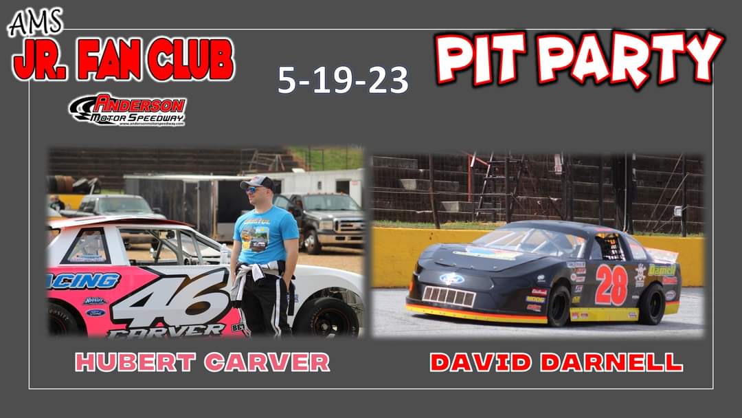 amspeedway's tweet photo. This week's Jr. Fan Club Pit Party will feature Mini Stock drivers Hubert Carver and Double D David Darnell. #andersonmotorspeedway #yeahTHATracetrack #IAMAMS #AMSjrfanclub https://t.co/EE01vWjIUp