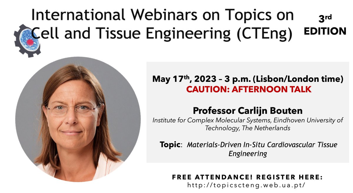 COMPASS_RG's tweet photo. This Wednesday, May 17th 2023 at 3 p.m. (Lisbon/London time), Prof. Carlijn Bouten will speak about Materials-Driven In-Situ Cardiovascular Tissue Engineering. CAUTION: AFTERNOON. Don't miss it.
Info: https://t.co/5qTEFwL5F6 https://t.co/KqVmUiPxhE