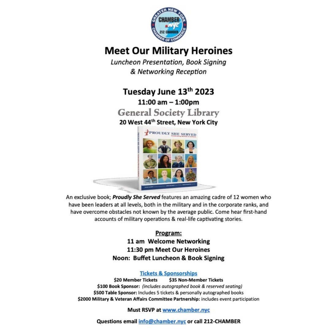 ProudlySheServe's tweet photo. The @NYChamber  will be hosting a luncheon and book signing for the Proudly She Served recently published book on Tuesday, June 13, 2023 11:00 am to 1:00 pm at the General Society Library (20 Est 44th St, NY City).  
 Purchase luncheon tickets here>https://t.co/2acVLWHvp4 https://t.co/Ke8phHGdMK