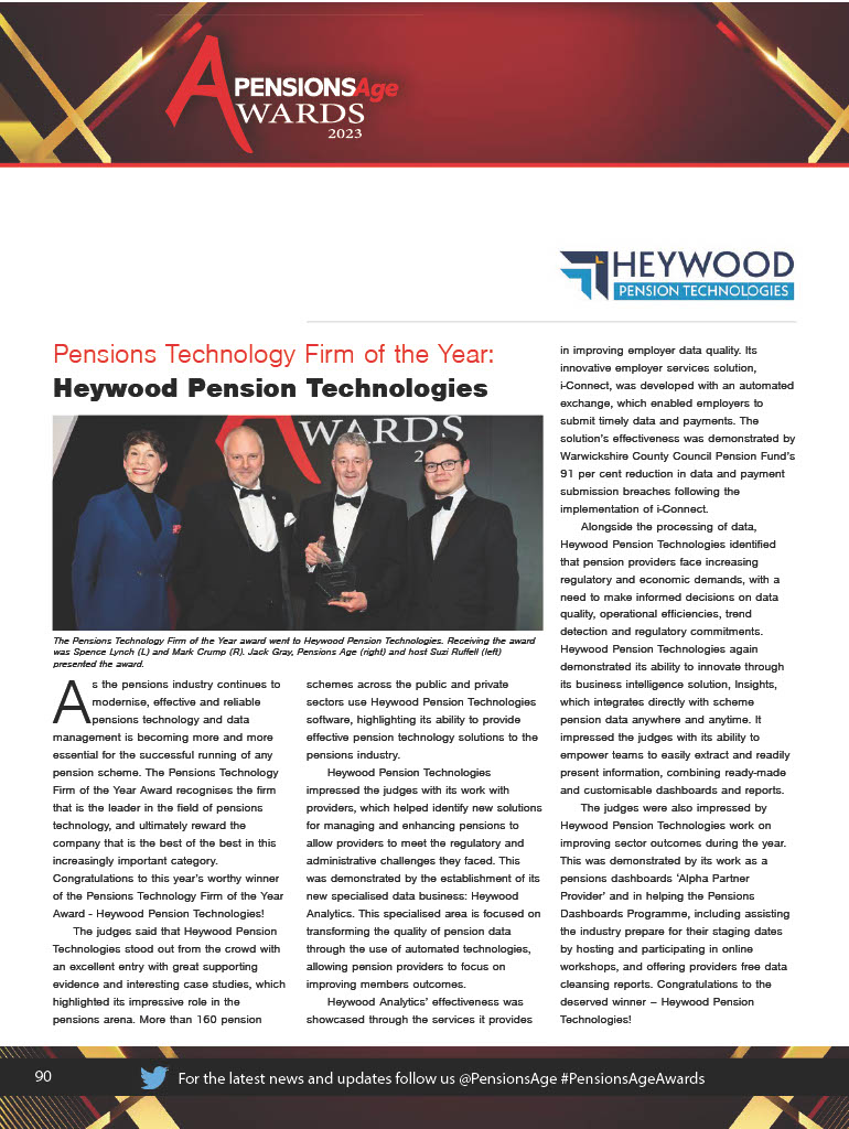 We are thrilled to be featured in May's <a href="/PensionsAge/">Pensions Age</a>. The article highlights our recent award win for Pensions Technology Firm of the Year and provides feedback from the judges on why we were selected.

To access the full May edition, please visit: pensionsage.com/pages/DigitalE…
