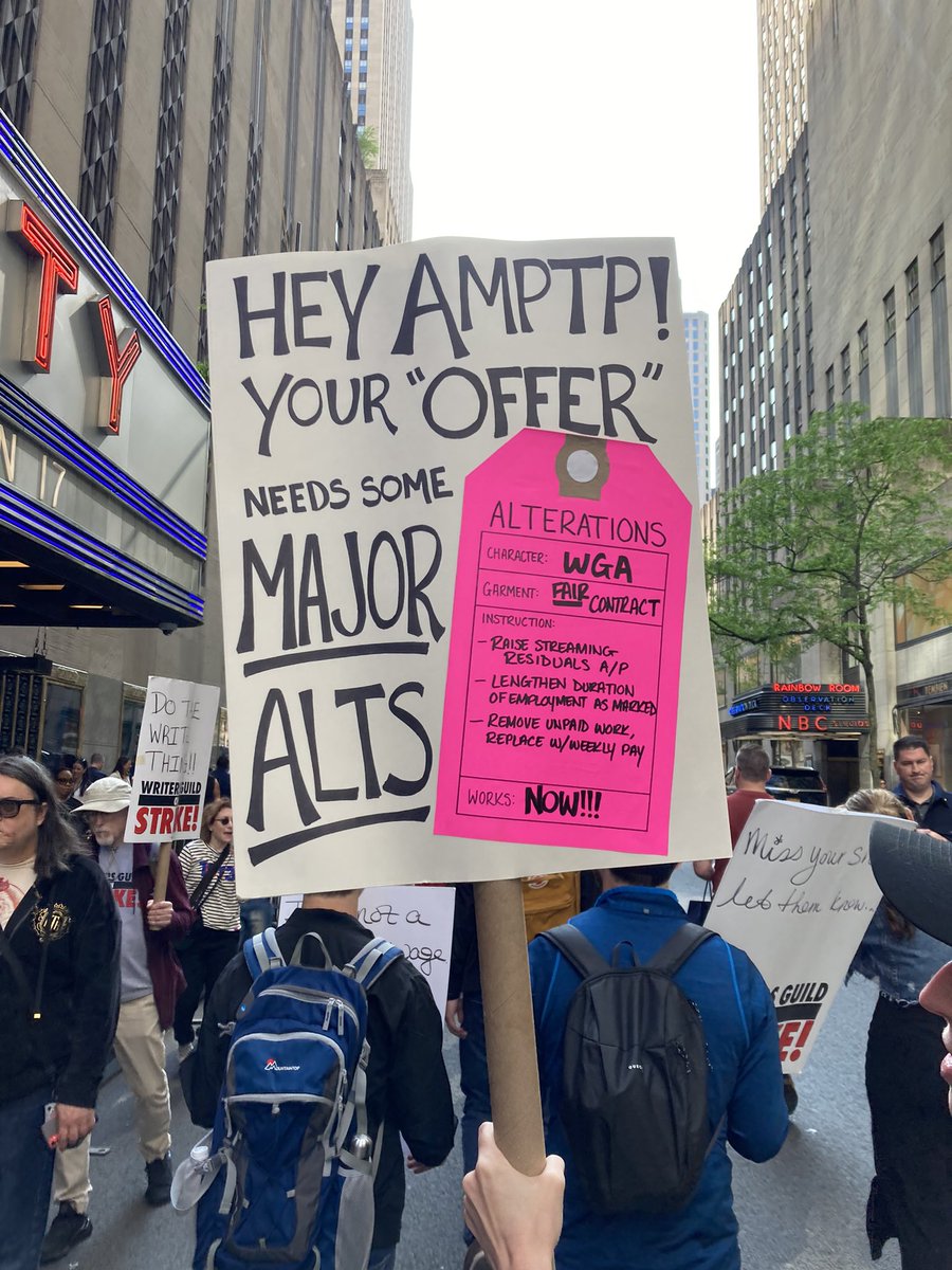tatejamesdotcom's tweet image. union workers supporting union workers (@IATSE member at a @WGAEast strike (photo taken by a @nyguild member))