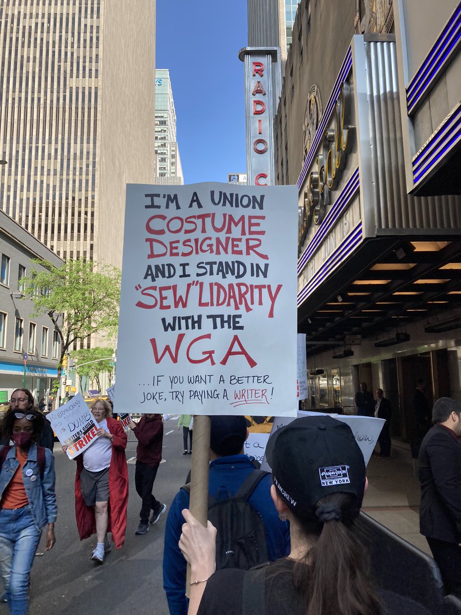 tatejamesdotcom's tweet image. union workers supporting union workers (@IATSE member at a @WGAEast strike (photo taken by a @nyguild member))