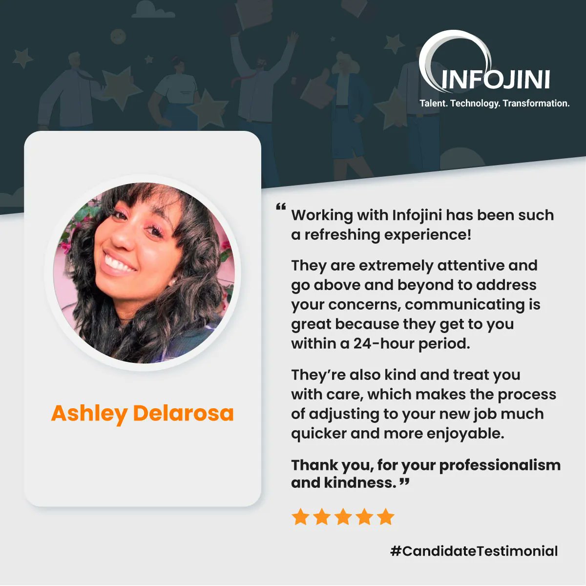 infojini_inc's tweet photo. Ashley Delarosa, one of our candidates' shares their experience of being with Infojini.

#candidatetestimonial #work #testimonial #happycandidate #worksatisfaction #Infojini https://t.co/pBuERW4gfv