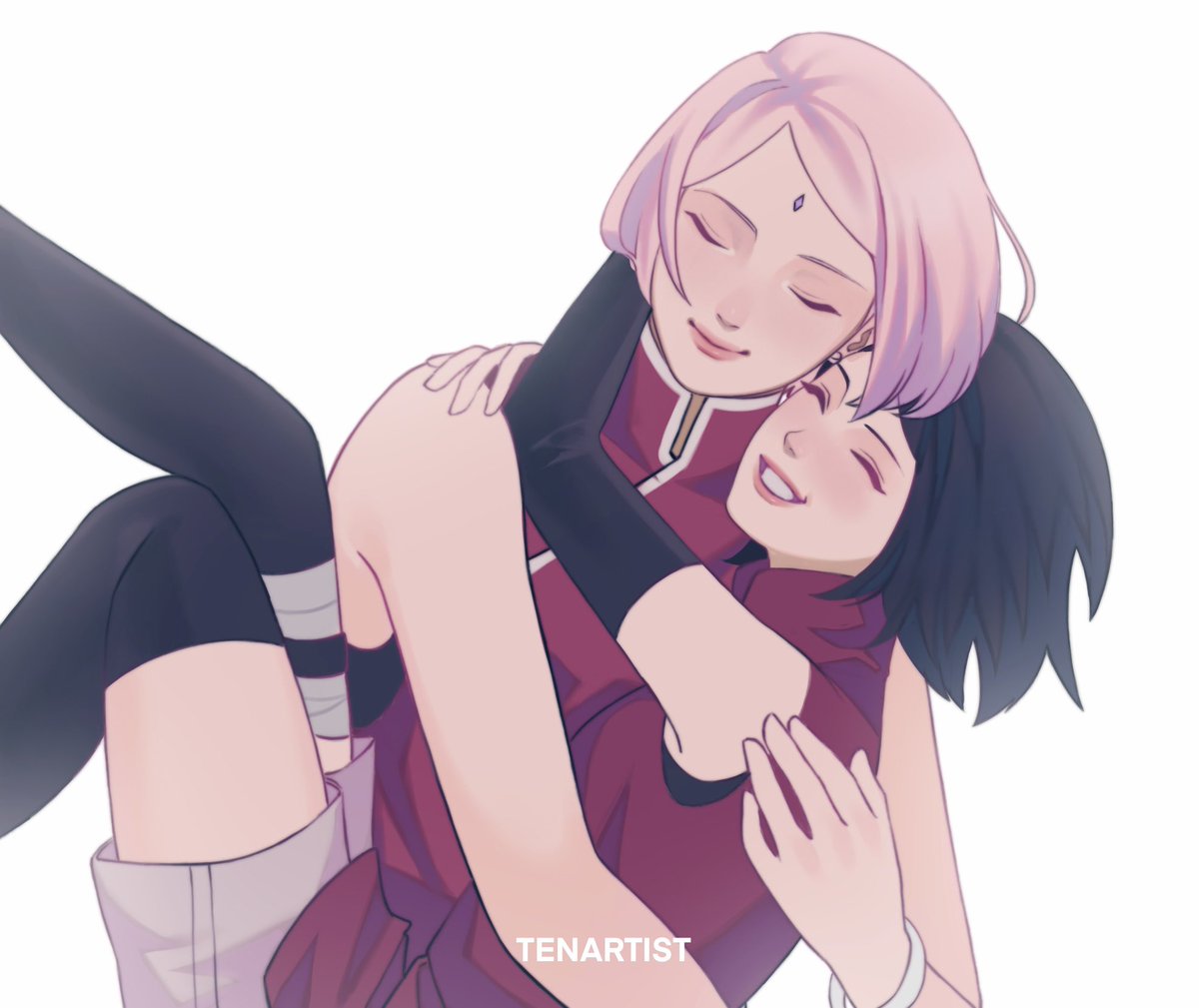 haruno sakura multiple girls 2girls pink hair black hair closed eyes smile short hair  illustration images