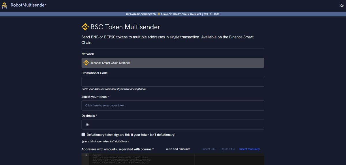 RoboMultisender's tweet image. Sent tokens to multiple addresses with RobotMultisender #airdrop #multisender #bsc #binance #robotmultisender