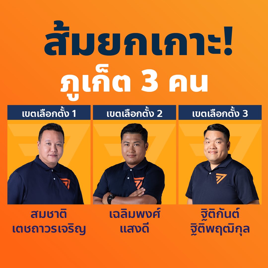 MFPThai's tweet photo. 🔥 ปักธงก้าวไกลที่ปักษ์ใต้ ภูเก็ตส้มยกเกาะ

ภูเก็ต  เขต 1 สมชาติ เตชถาวรเจริญ
ภูเก็ต  เขต 2 เฉลิมพงศ์ แสงดี
ภูเก็ต  เขต 3 ฐิติกันต์ ฐิติพฤฒิกุล

ทำความรู้จักผู้แทนราษฎรของท่านได้ที่
https://t.co/hZLdjTbcM1 https://t.co/AY3M0lvnIk