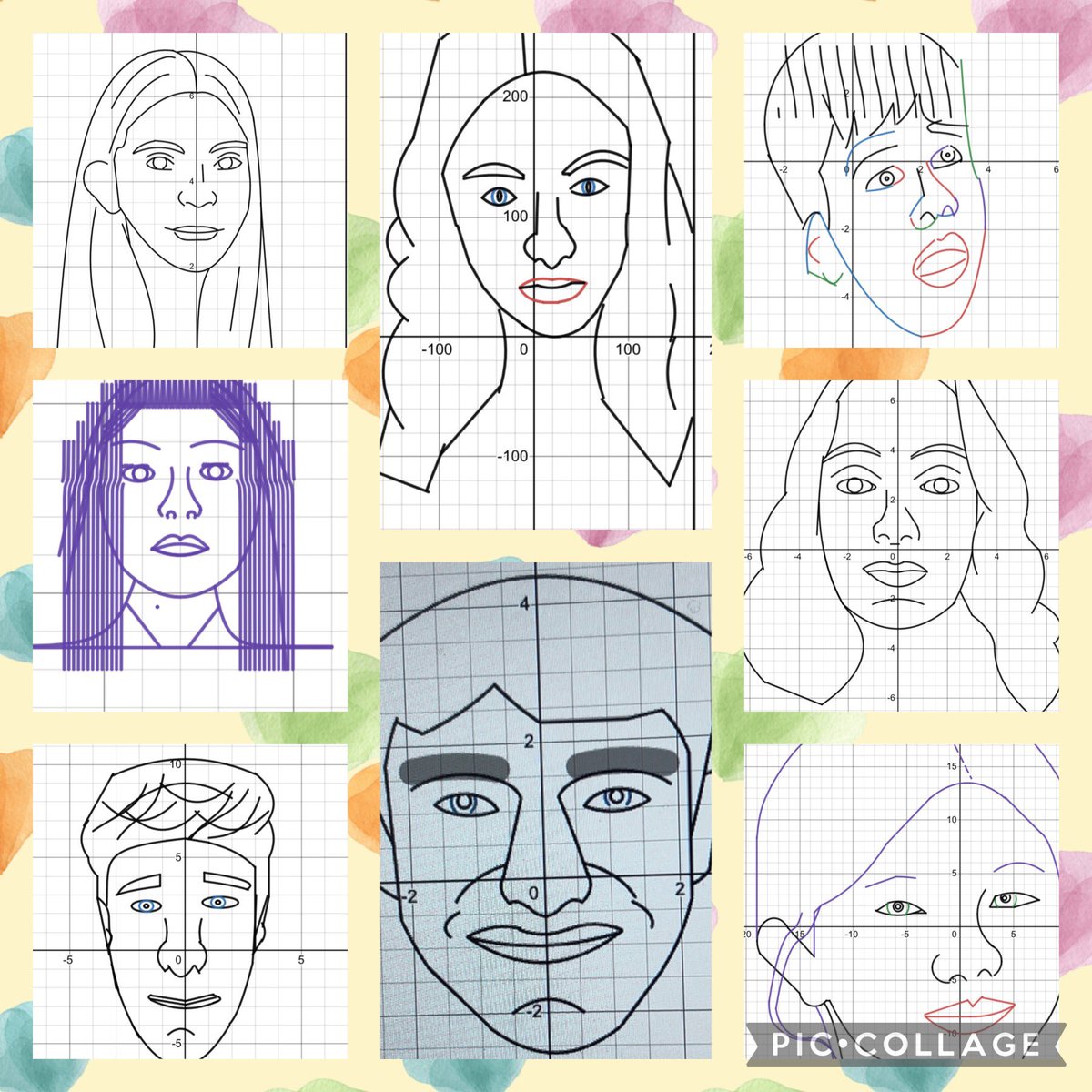 Ms_Emberg's tweet photo. It’s that time of year again! Students in #precalc honors @MeadHS are using @desmos to create #selfportraits using #equations. Here are just a few that have been created so far! @SVVSDMath #stvrainstorm https://t.co/1twIRK2udq