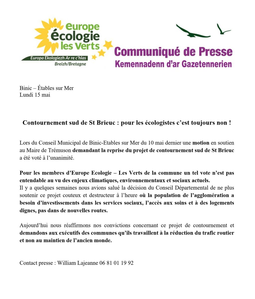 EELVBzh's tweet image. #EELV #contournement #projetinutile EELV Baie de Saint-Brieuc dit non au contournement routier au sud de la ville.