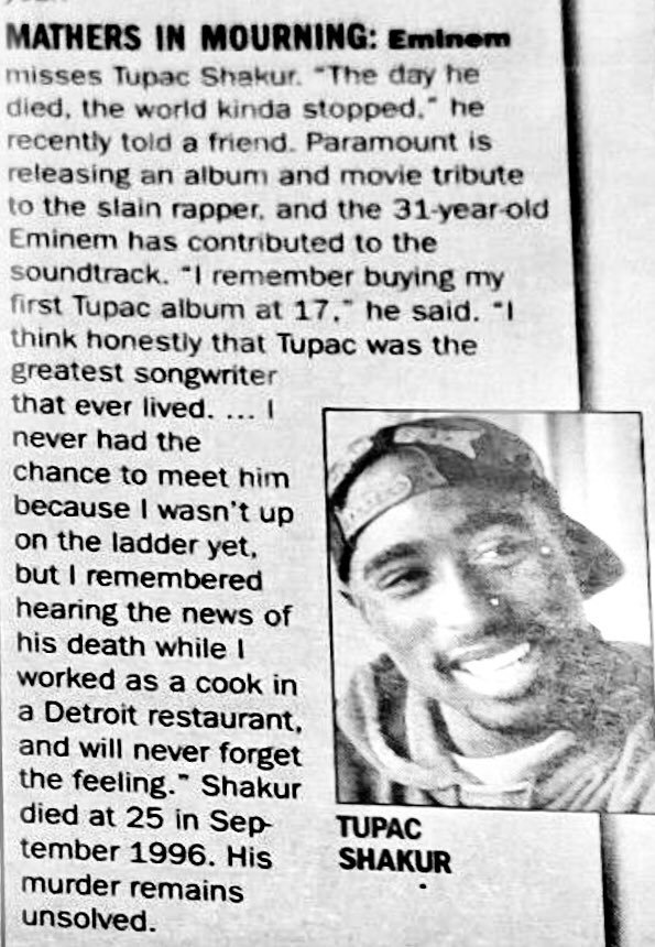 MathersArchive's tweet photo. The Guardian, 2003

 “Tupac was the greatest songwriter that ever lived, I never had the chance to meet him because I wasn’t up on the ladder yet, but I remembered hearing the news of his death while I worked as a cook in a Detroit restaurant, and will never forget the feeling.” https://t.co/6uoZlrrc0T