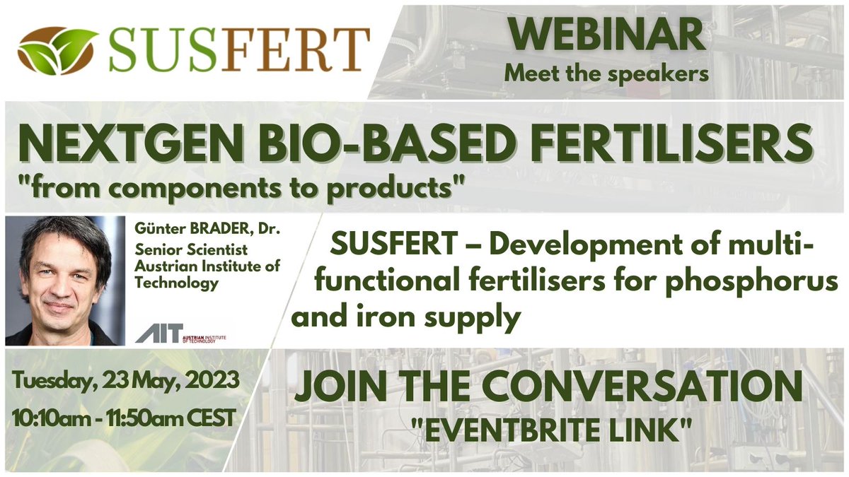 SUSFERT #Scientific Co-ordinator &amp; #Senior #Scientist from the Austrian Institute of Technology, Günter Brader, will speak at our #Webinar on 23 May. 

Join the #conversation about the latest #microbial #research in #phosphorus &amp; #iron supply.

Register ➡️ bit.ly/3ASQKWb
