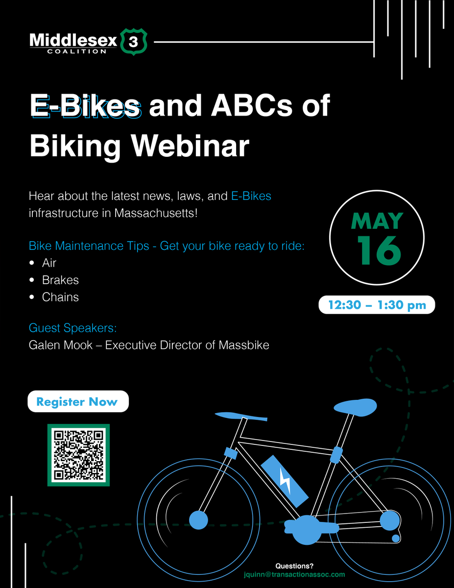 In celebration of National Bike to Work Month, the Middlesex 3 TMA and <a href="/TransActionA/">TransAction Associates, Inc.</a> are hosting a FREE E-Bike and ABCs of Biking Webinar TOMORROW May 16th from 12:30-1:30! Hear about the latest news, laws and E-Bikes infrastructure in Massachusetts. loom.ly/qo0TNdU