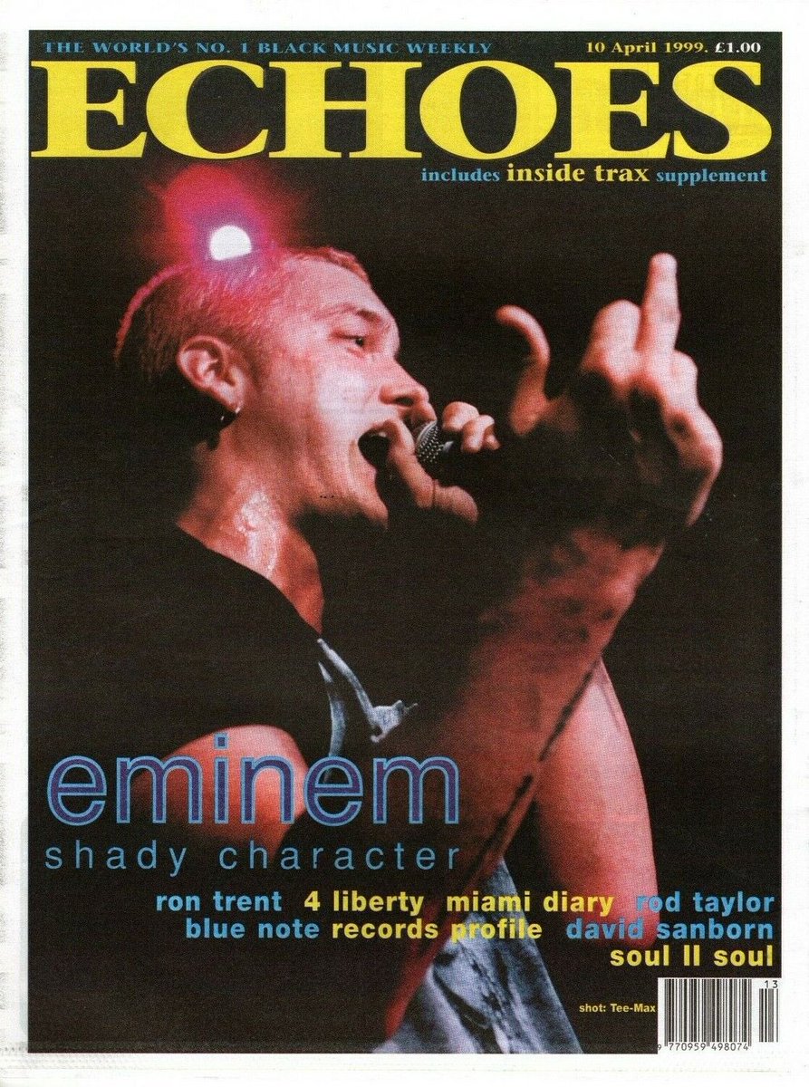 MathersArchive's tweet photo. Eminem featured on the cover of Echoes newspaper for their April 10, 1999 issue.

(Eminem is photographed whilst he performs at the Subterania music venue in London, England, on April 10, 1999.)

Photos: Tee-Max

#Eminem https://t.co/OY1kX3V1hF