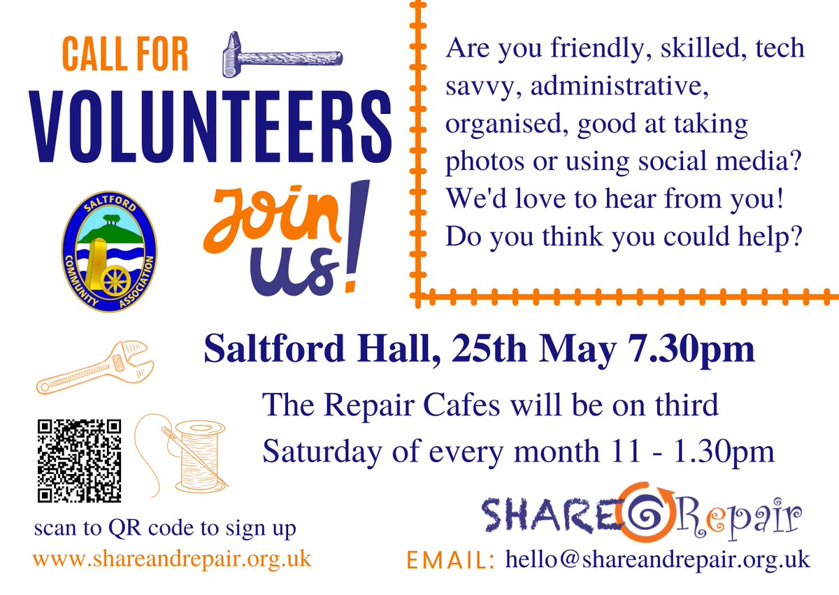 Launch of Saltford Repair Cafe - Volunteer Evening - Thursday 25 May 
 
We're looking for volunteers with suitable talents to come along to an initial meeting just for volunteers on Thursday 25 May at 7.30pm at Saltford Hall.  Coffee and biscuits will be waiting.