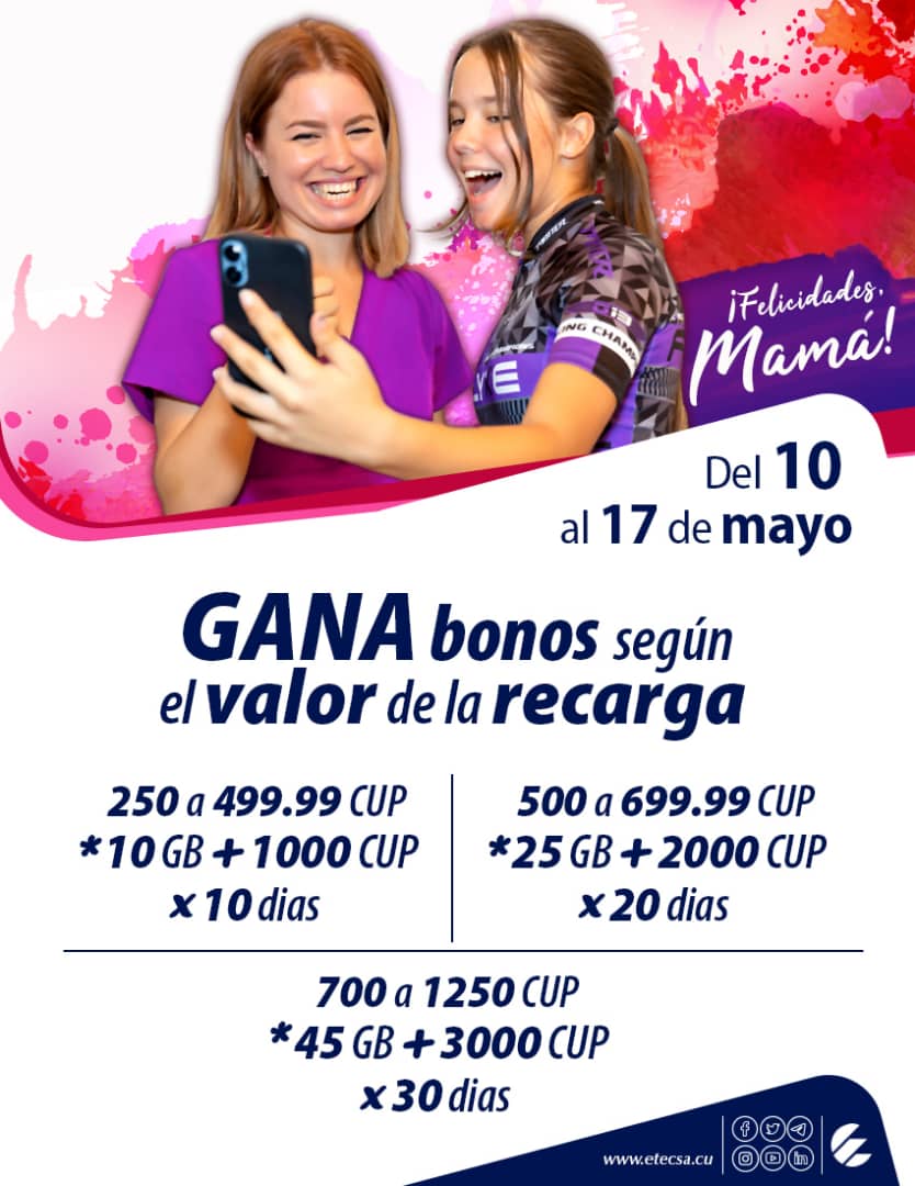 cmariagrm's tweet photo. 🥁 Continúa hoy #Promoción de RECARGA Internacional del 10 al 17/5.
Según el monto de la recarga recibida es la bonificación.
Más información https://t.co/6ry4B8SA2K
@ETECSAGranma @YamilkaGarcaTo2 @AnyelineLiz @raulare82 @YusmaniRojas @maide_montero @CarlosValdes80 @manuel00hm https://t.co/YH6smklBqq