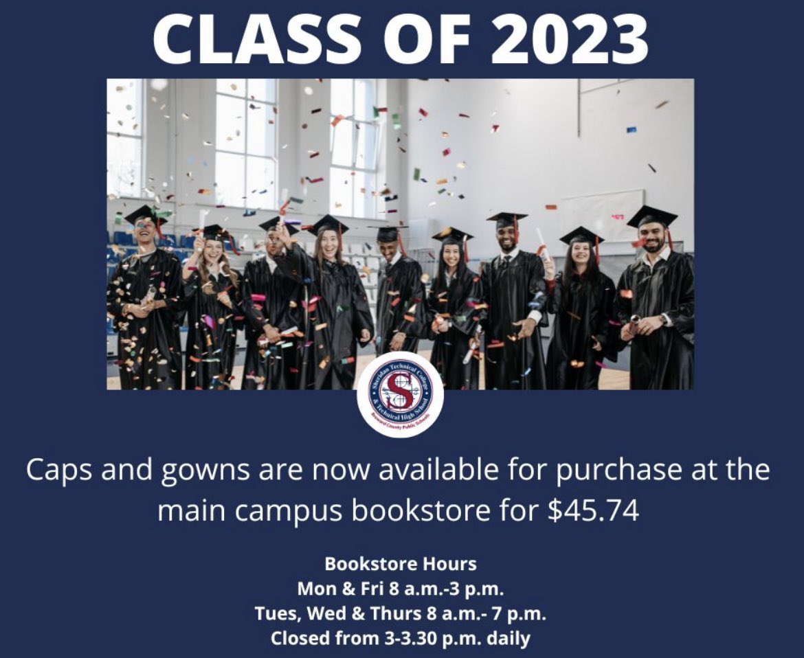 Sheridan_Tech's tweet photo. 🎉GRADUATION will be here in less than a month. Caps and gowns are available for purchase at our main campus bookstore. See the details below. #SheridanTech #Graduationiscoming #classof2023🎓 https://t.co/1sNKltIGgR