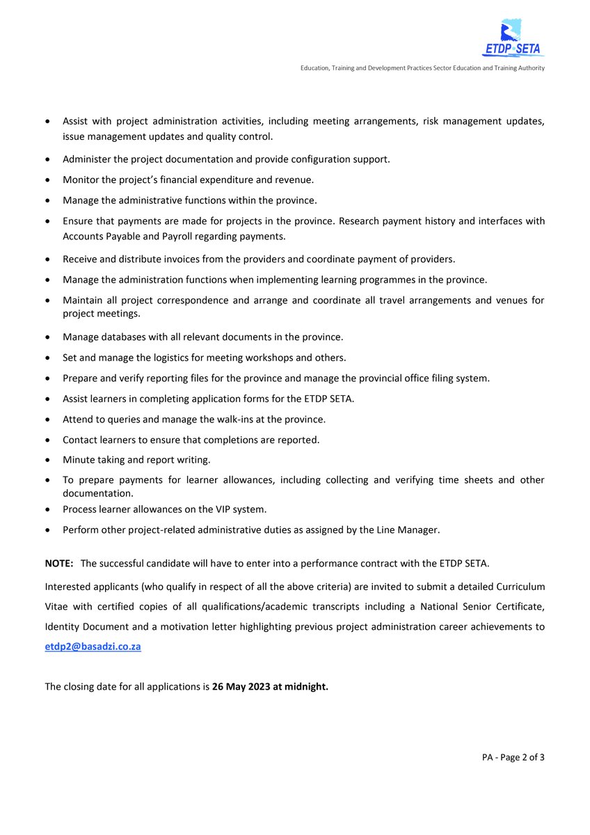 BasadziGroup's tweet photo. We have been appointed for response handling for the below position. Applications quoting to the job title must be submitted to the following email address:

• Provincial Administrator in Free State Province -etdp2@basadzi.co.za

Below is a detailed specification of the post. https://t.co/b89k4oVFJD