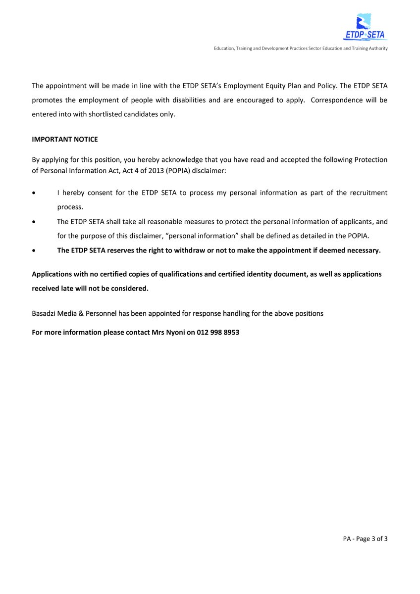 BasadziGroup's tweet photo. We have been appointed for response handling for the below position. Applications quoting to the job title must be submitted to the following email address:

• Provincial Administrator in Free State Province -etdp2@basadzi.co.za

Below is a detailed specification of the post. https://t.co/b89k4oVFJD