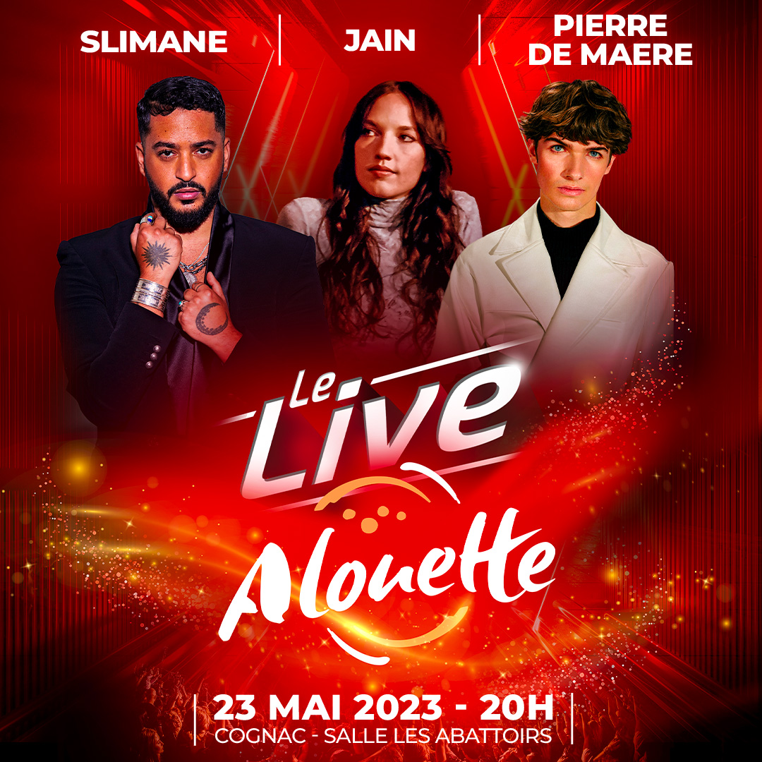 AlouetteRadio's tweet photo. 🎁 CONCOURS 🎁 

Partez applaudir @Jainmusic, @Slimaneoff et #PierredeMaere au Live Alouette à #Cognac ! Le 23 mai prochain venez faire la fête avec vos artistes Alouette préférés ! 🥳 

Pour participer : 
👉🏻 RT + Follow @AlouetteRadio
📆 Tirage au sort le 19 mai https://t.co/dE9lfARzYu