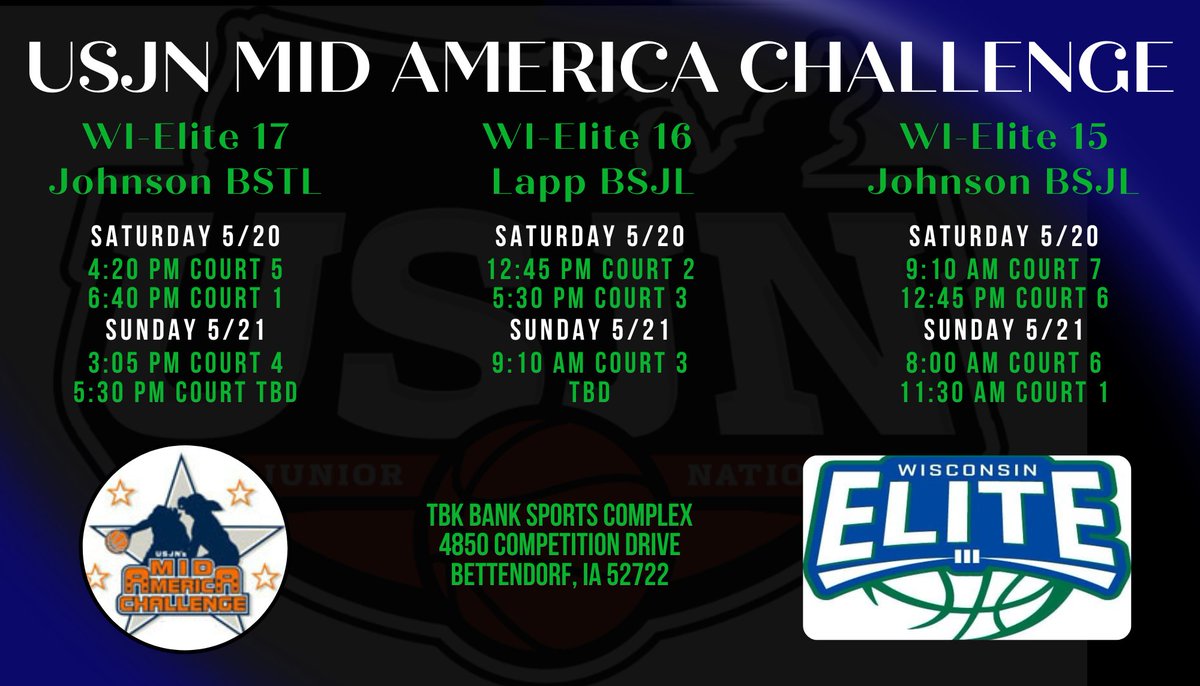 We are excited to head to Bettendorf this weekend for the <a href="/USJN/">USJN</a> Mid-America Challenge at the <a href="/TBKBANKSPORTS/">TBK Bank Sports Complex</a> complex. We hope to see you there!
