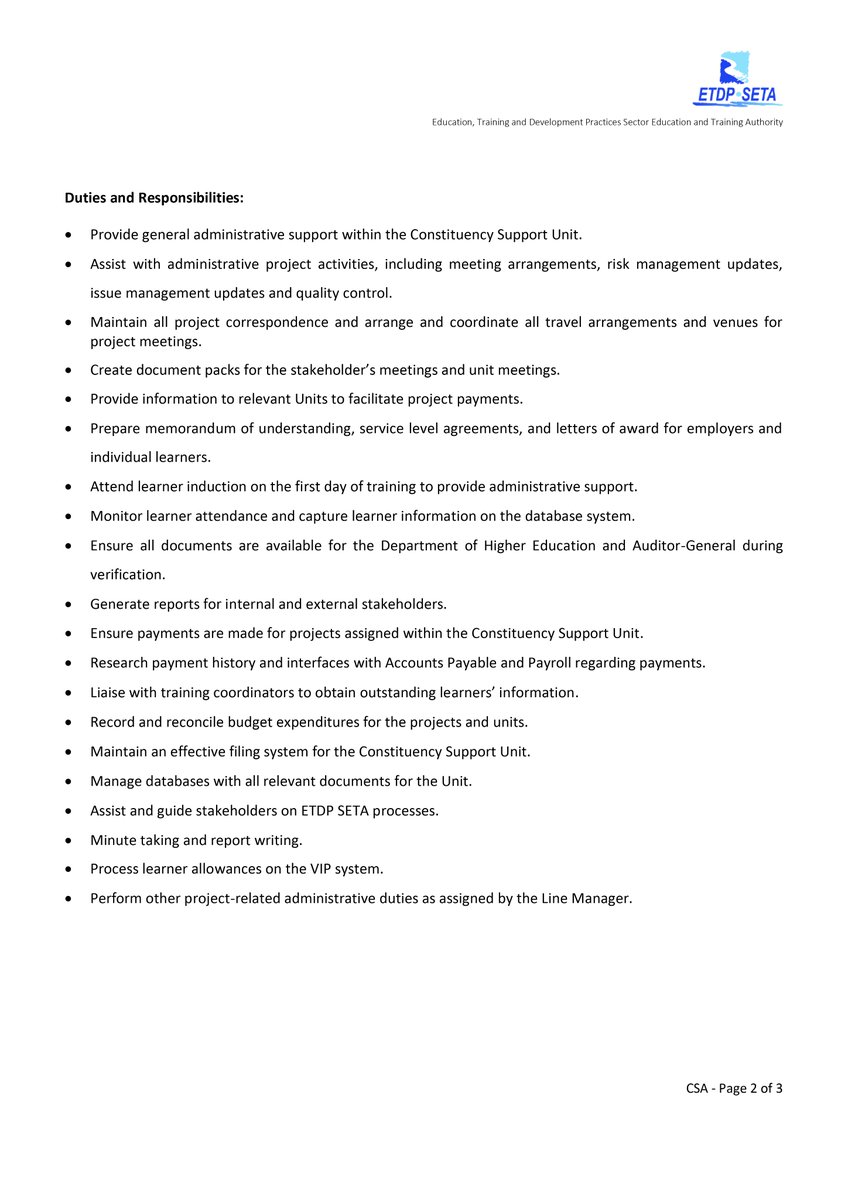 BasadziGroup's tweet photo. We have been appointed for response handling for the below position. Applications quoting to the job title must be submitted to the following email address:  

• Constituency Support Administrator - etdp3@basadzi.co.za  

Below is a detailed specification of the post. https://t.co/wJzo7h3PFq