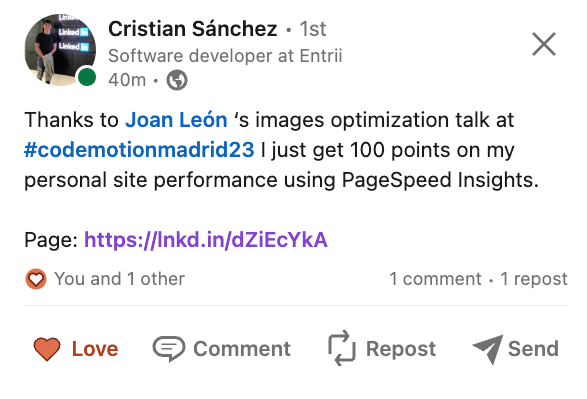 nucliweb's tweet photo. The message from @devcristians is 🥰
#WebPerf #Performance #ImageOptimization #CodemotionMadrid23 https://t.co/VaLDC4qnG1