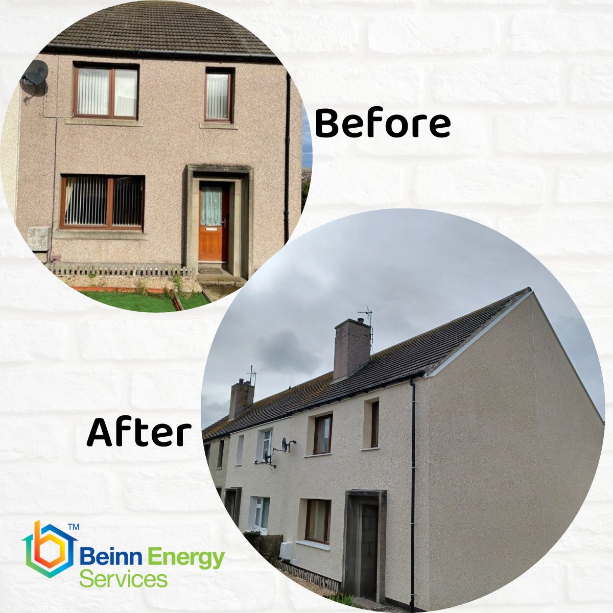 This job in Thurso was just one of the contracts completed by our delivery arm, Beinn Energy Services, last year. 28 properties had external wall insulation fitted, making them warmer and more energy efficient.

#externalwallinsulation #beforeandafter #retrofit