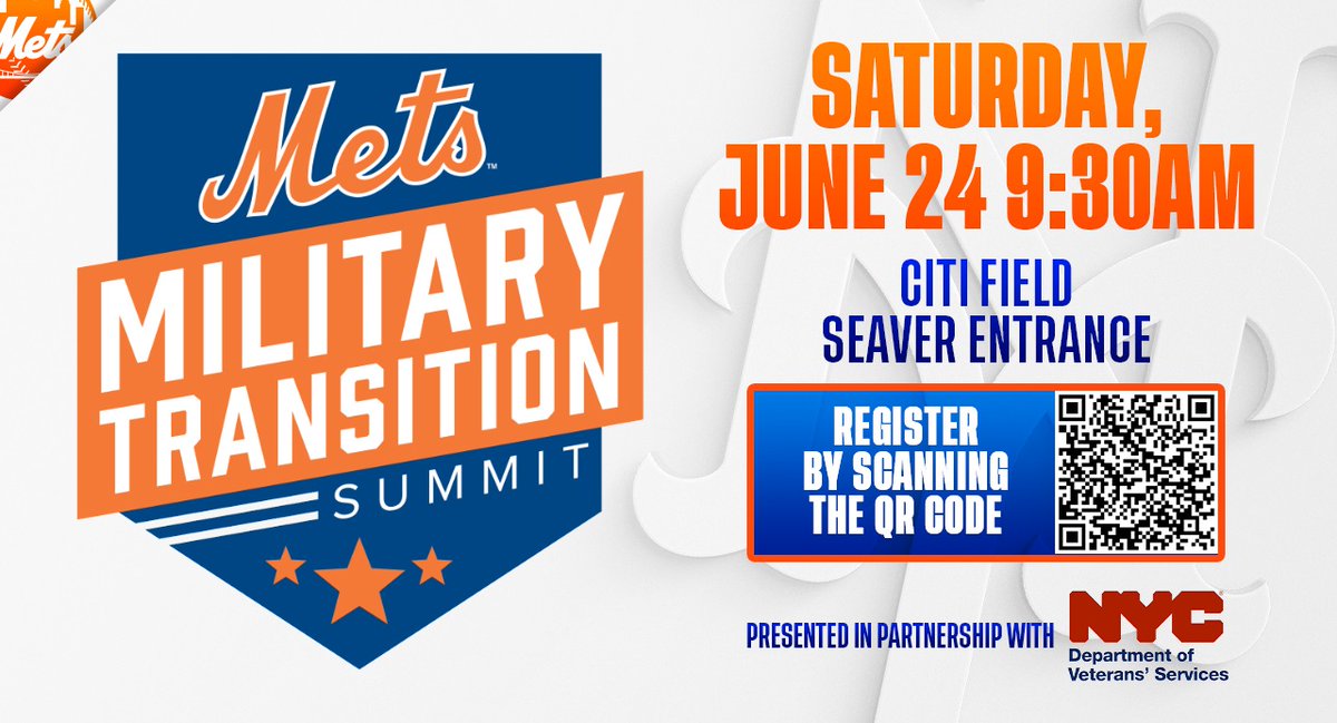 📢Join us for the NY Mets Military Transition Summit in partnership with NYC Department of Veterans' Services. Lunch, refreshments, and exciting activities included! #MilitaryTransition

📅June 24, 2023
⌚️ 9:30 a.m.
📍Citi Field-Seaver Entrance
(1/2) <a href="/AmazinMetsFdn/">Amazin' Mets Foundation</a>