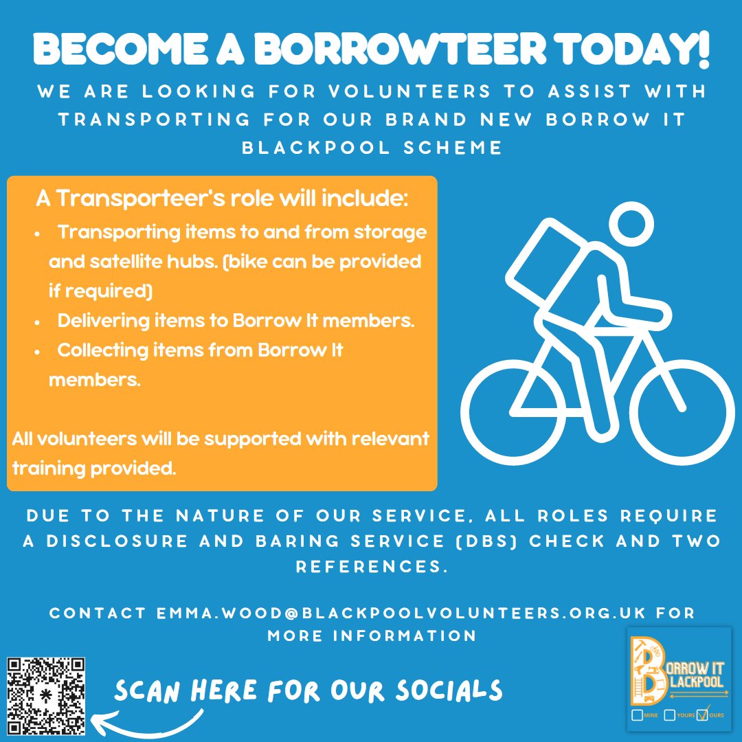 BorrowItBpl's tweet photo. 📢 BECOME A TRANSPORTEER TODAY!

This is a perfect opportunity for any keen cyclists or people who love to use public transport. Contact us to #getinvolved

#blackpool #borrowit #volunteering #cycling #caretoshare https://t.co/aifUSnxA8T