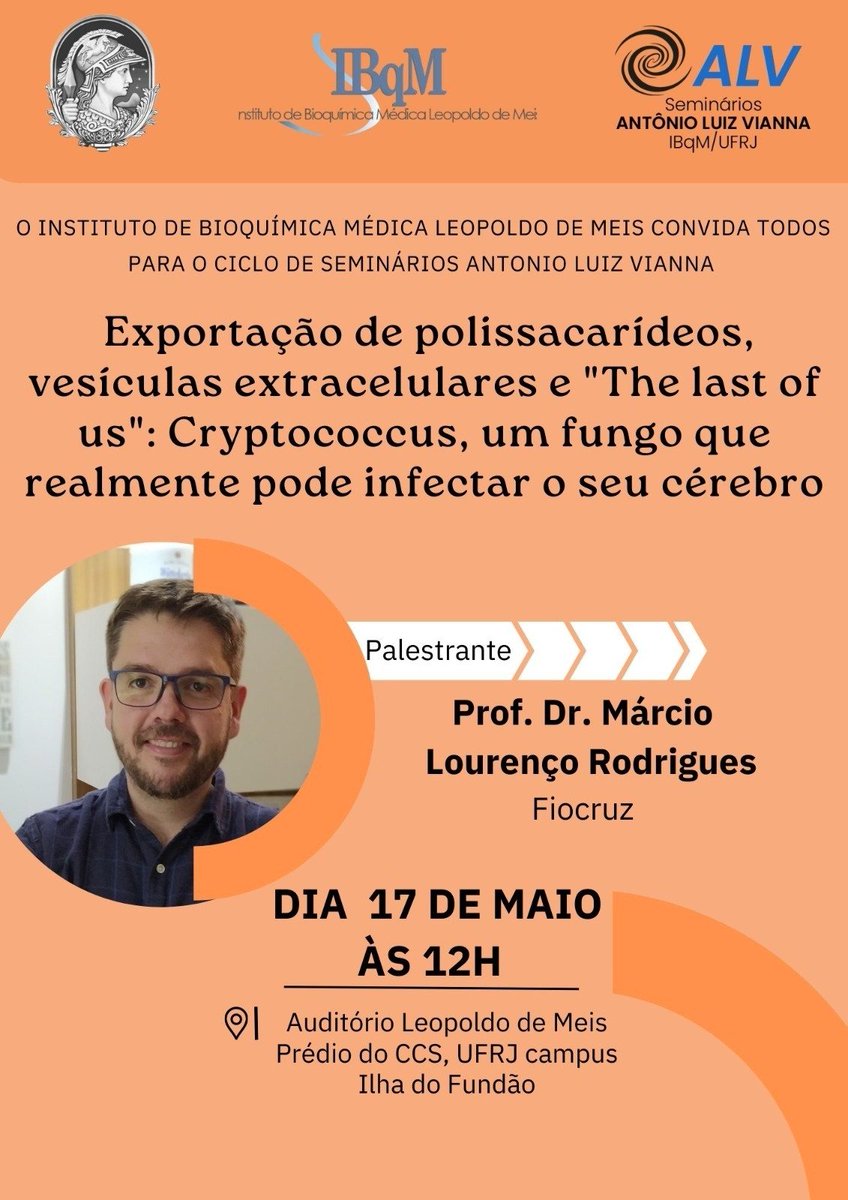 bibimpg_ufrj's tweet image. 📅: quarta-feira, dia 17/05
🕗: 12h
📍: Auditório Leopoldo de Meis, prédio do CCS (ao lado da Farmácia Universitária).

#polissacarídeos #cryptococcus #fungo #thelastofus #bioquímica #seminário #microbiologia #imunologia #saúde #ccsufrj #fiocruz #educação #infectologia 
@fiocruz