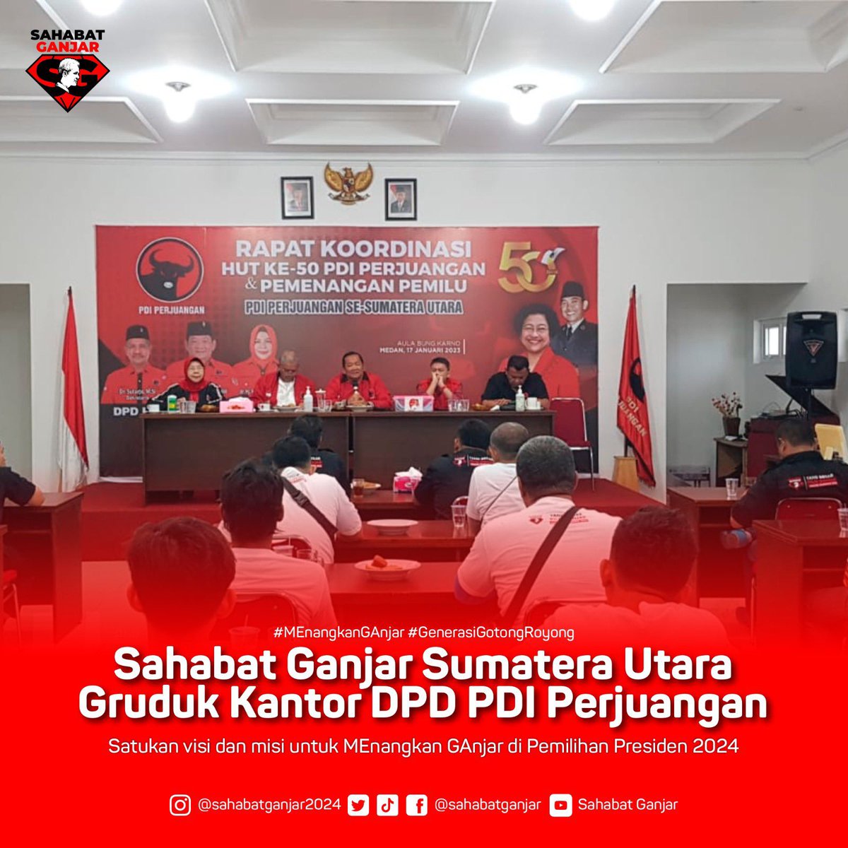 Sahabat Ganjar di Provinsi Sumatera Utara melakukan kunjungan ke Kantor DPD PDI-P Sumatera Utara dalam rangka jalin koordinasi dan kerja sama untuk MEnangkan GAnjar di tahun 2024.

#GanjarPranowo
#SahabatGanjar
#MEnangkanGAnjar
#GenerasiGotongRoyong
#SumateraUtara
