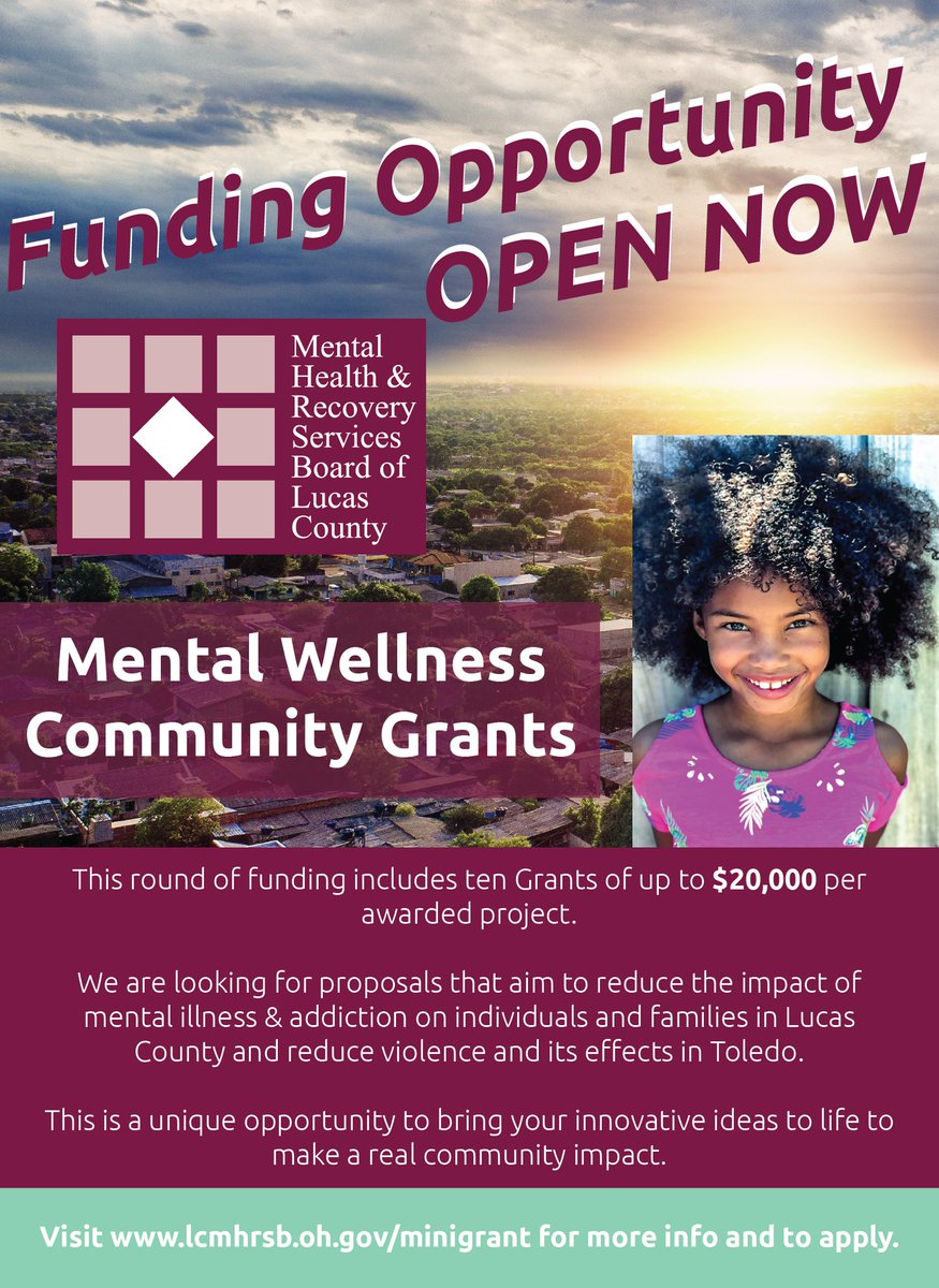 We are looking for proposals that aim to reduce the impact of mental illness & addiction on individuals and families in Lucas County and reduce violence and its effects in Toledo. Up to $20,000 per awarded project! For info & to apply, visit> lcmhrsb.oh.gov/minigrant/