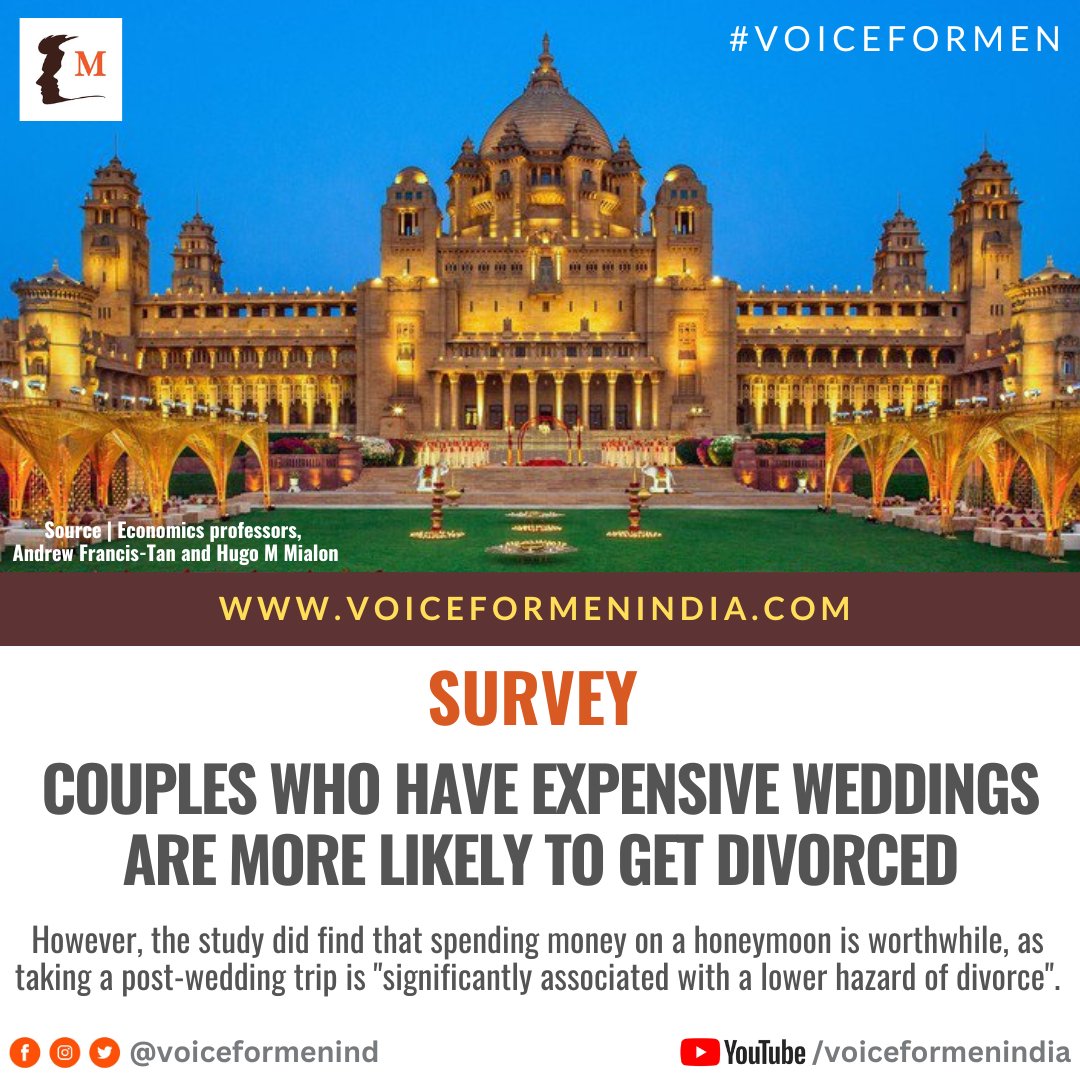 Couples who have expensive weddings are more likely to get divorced | Survey 

#VoiceForMen