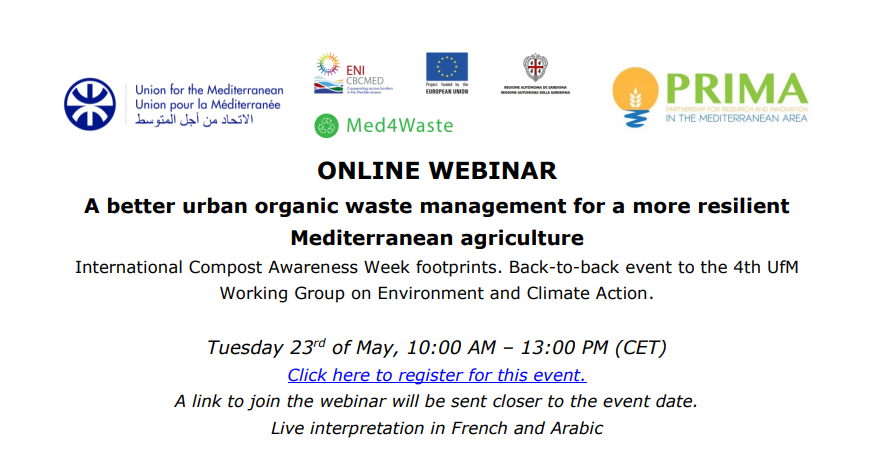 📢 We invite you to register for the <a href="/Med4Waste/">Med4Waste</a> webinar  "A better urban organic waste management for a more resilient Mediterranean agriculture". A back-to-back event to the 4th <a href="/UfMSecretariat/">Union for the Mediterranean</a> Working Group on Environment and Climate Action.
🗓️ 23/05 
👉🏽 bit.ly/Med4Wastewebin…
