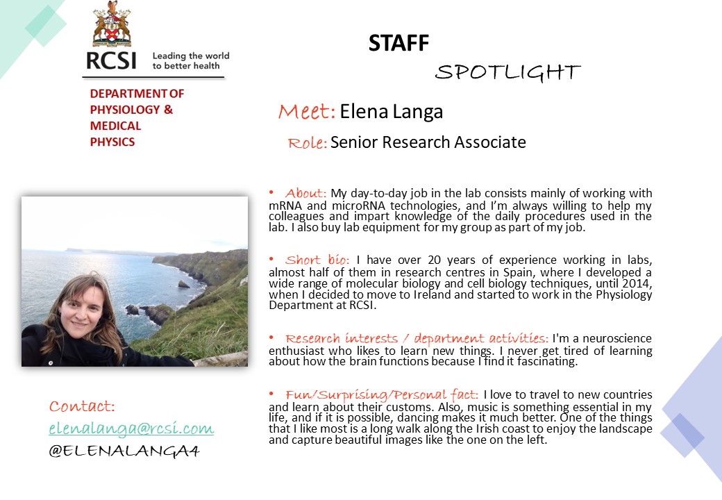 Physiology RCSI (@physiologyrcsi) on Twitter photo May's #Staff #spotlight features <a href="/ELENALANGA4/">ELENA LANGA</a>, Senior Research Associate at <a href="/Futureneuro_ie/">FutureNeuro Centre</a> ! #MeetTheTeam May's #Staff #spotlight features <a href="/ELENALANGA4/">ELENA LANGA</a>, Senior Research Associate at <a href="/Futureneuro_ie/">FutureNeuro Centre</a> ! #MeetTheTeam