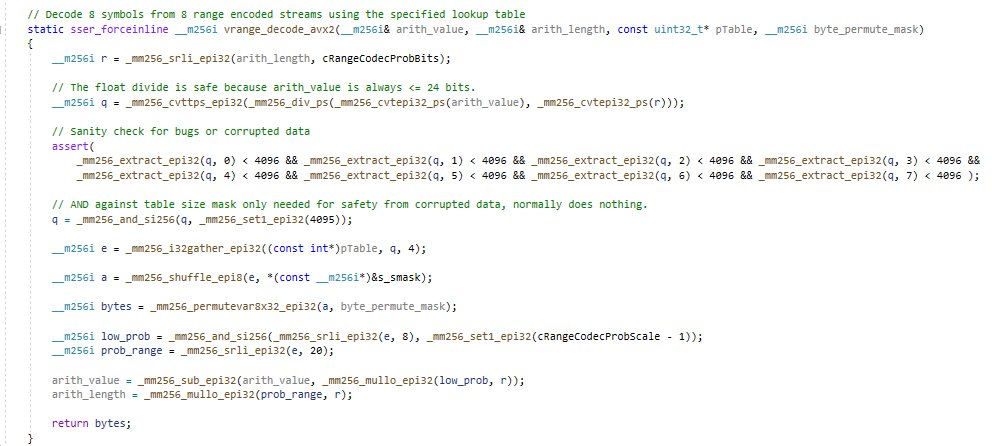 richgel999's tweet image. The anatomy of AVX-2 24-bit interleaved range decoder. 1.83x faster vs. SSE 4.1 on Intel Ice Lake. These are the 2 essential functions. They're straightforward ports of my SSE 4.1 range decoder. Accepts the same stream as the SSE version.
github.com/richgel999/sse…
#datacompression