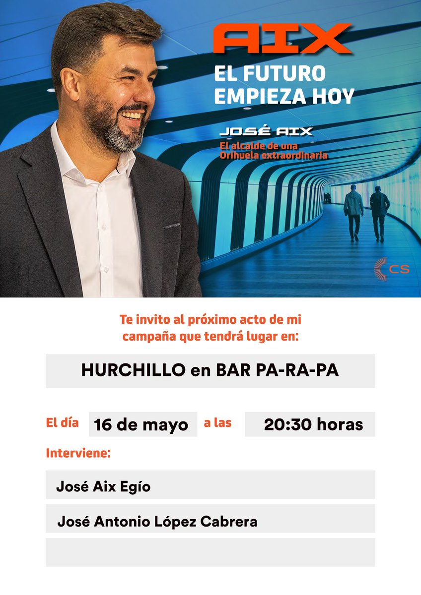 🙋🏻‍♂️ Nos vemos el martes, 16 de mayo, a las 20:30h en Hurchillo, en el Bar Pa-Ra-Pa 

🗳 Acto de campaña: “Aix. El futuro empieza hoy” con José Aix Egío y José Antonio López Cabrera.

🍻 Al finalizar, como siempre,  tendremos un piscolabis 

📍 Ubicación: goo.gl/maps/QMeyN5xZR…