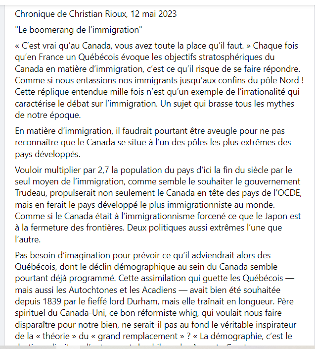 ChantalMaggy's tweet photo. Un texte court et précis de Christian Rioux, mai 2023.
Il illustre à lui seul la stratégie de la #mondialisation par l'#immigration de masse dans les pays #multiculturels. Les impacts sociaux économiques. Et les accusations de la gauche wokiste : RT en réponse aux attaques
#Polqc https://t.co/A7saEH27pI
