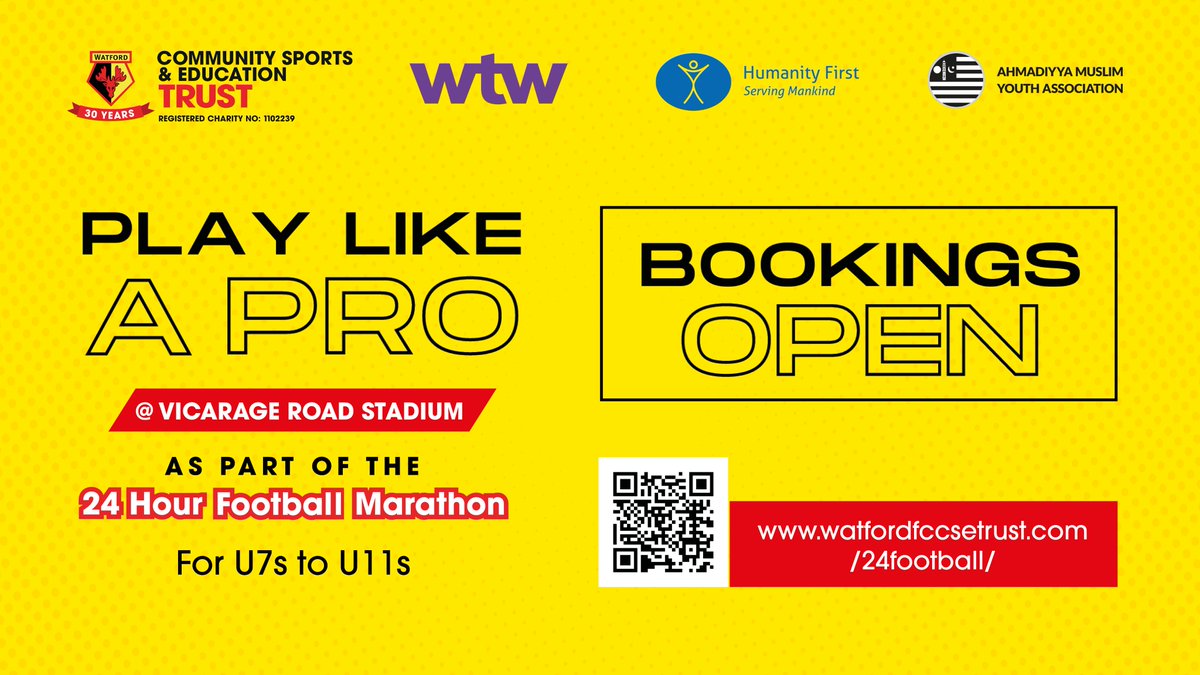 Bookings are now LIVE for our Play Like A Pro event! Join us for an action packed experience on the pitch at Vicarage Road.
📅Saturday 20th May 2023
watfordfccsetrust.com/24football/

<a href="/WatfordFC/">Watford Football Club</a> | #WatfordFC
<a href="/UKMuslimYouth/">AMYA UK</a> @WTW_uk <a href="/HumanityFirstUK/">Humanity First UK</a>