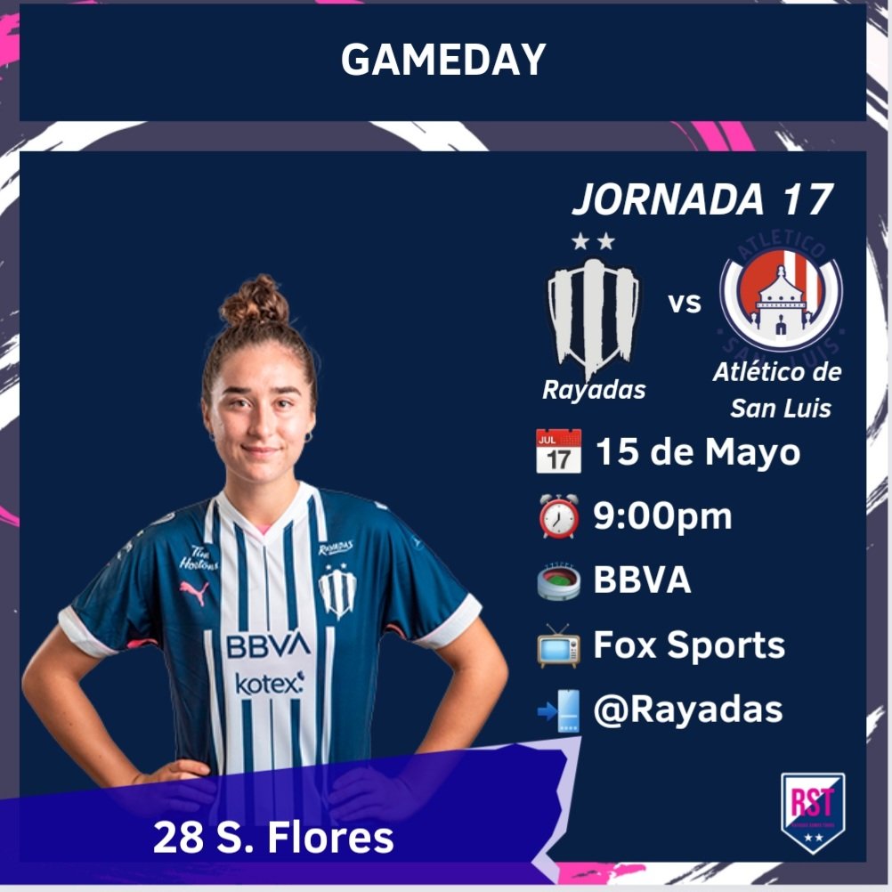 RayadasST's tweet photo. GAMEDAY 📅⚽️
Hoy hay futbol, hoy juegan las Rayadas 🇫🇮

Hoy volvemos a casa para la última jornada,nos vemos en la 123.

Vamos #Rayadas 

J17
#Rayadas vs @AtletiDeSLPFem
📅 15 de mayo
⏰ 9:00pm (TC)
🏟 BBVA 
📺 @FOXSportsMX
📲 @Rayadas

#VamosPorMas 🤜🤛 
#ArribaElMonterrey 🇫🇮 https://t.co/QwByBuZxFx