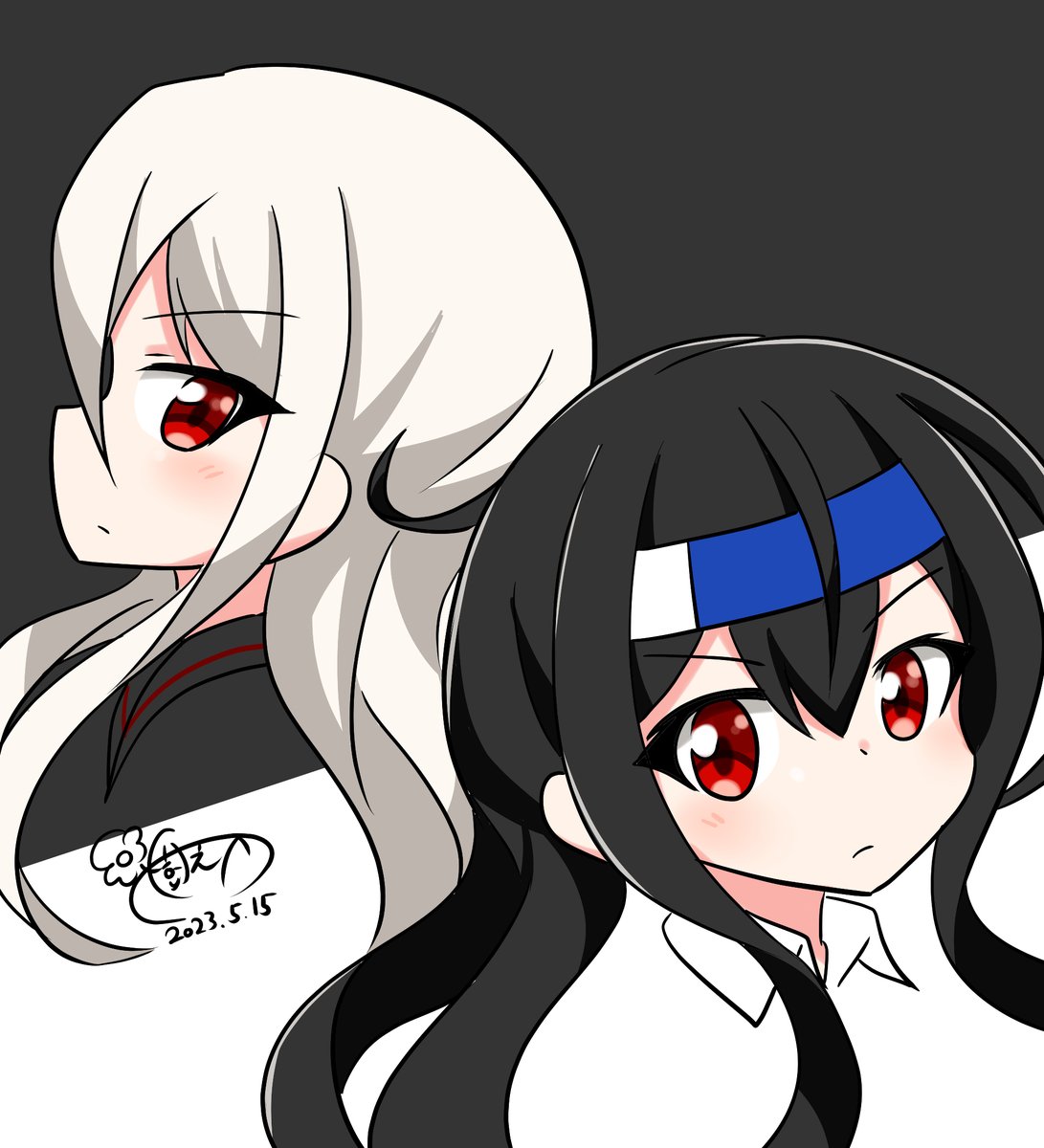 hatsushimo (kancolle) 2girls multiple girls red eyes long hair black hair white hair dated  illustration images