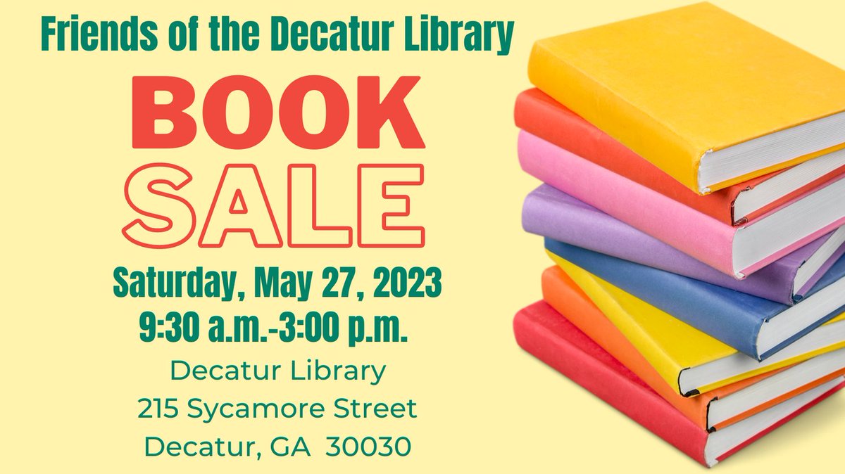 dekalblibrary's tweet image. Don't miss the Friends of the Decatur Library Book Sale on May 27!

Browse fiction and mystery titles for all ages as well as non-fiction categories, including history, sports, health and cooking, and more, all at reasonable prices.

More information: events.dekalblibrary.org/event/8335055