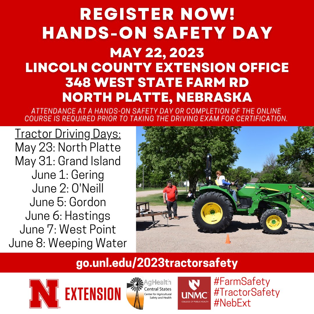 UNMC Central States Center for Ag Safety & Health (@unmccscash) on Twitter photo Interested in safe farming practices? Nebraska Hands-On Safety Day scheduled for 5/22 in North Platte! This event is open to everyone in the community (children under 14 years of age must be accompanied by an adult). go.unl.edu/2023tractorsaf… #TractorSafety #NebExt <a href="/UNLExtension/">Nebraska Extension</a> Interested in safe farming practices? Nebraska Hands-On Safety Day scheduled for 5/22 in North Platte! This event is open to everyone in the community (children under 14 years of age must be accompanied by an adult). go.unl.edu/2023tractorsaf… #TractorSafety #NebExt <a href="/UNLExtension/">Nebraska Extension</a>