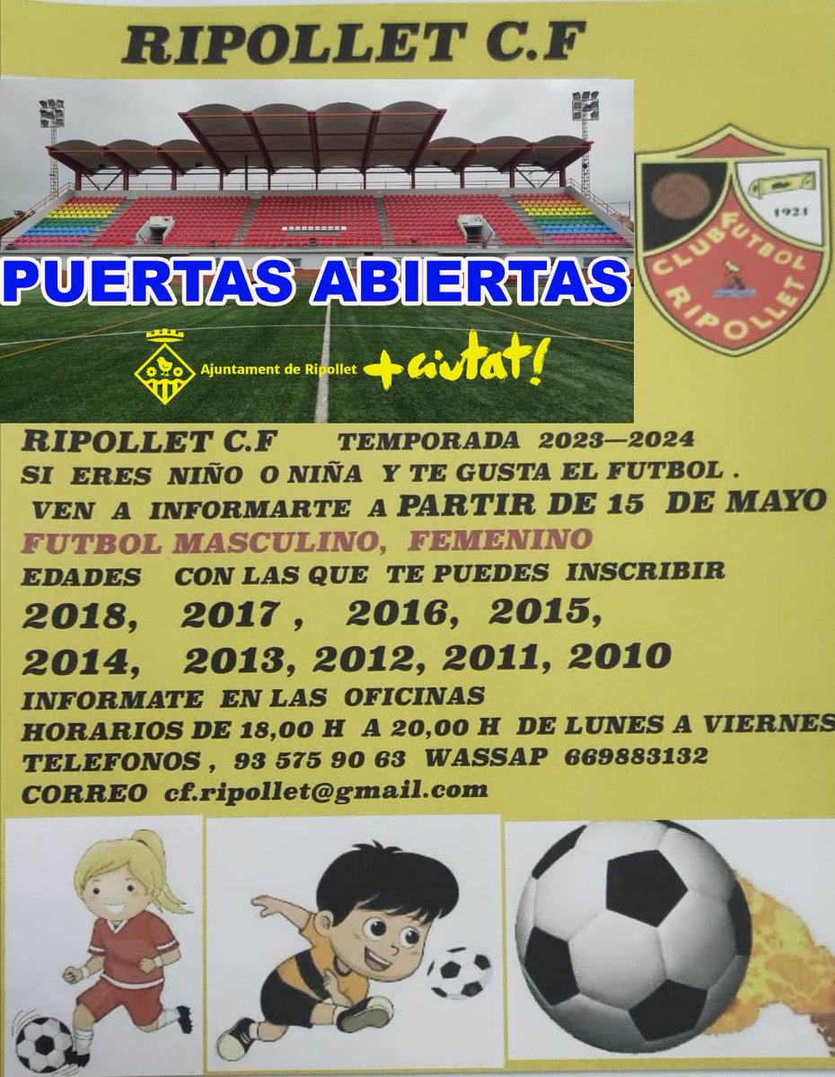 RipolletCF's tweet photo. SI TE GUSTA EL FUTBOL VEN AL CF RIPOLLET, TÚ CLUB CON MAS DE 💯 AÑOS DE HISTORIA. https://t.co/9s9fZVfDZo