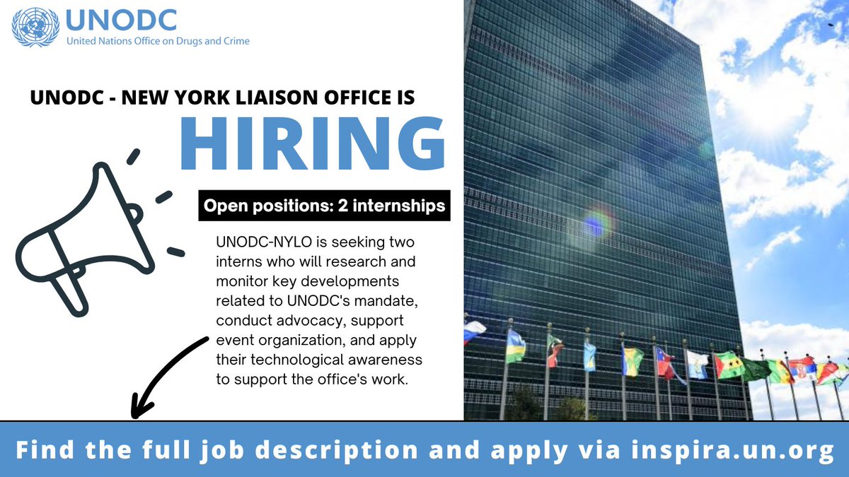 UNODCNewYork's tweet photo. 📢 HIRING 📢
UNODC New York Liaison Office is seeking 2 interns to join us in supporting the work of @UNODC at UNHQ. 
Find the full job description and apply at: https://t.co/3r0rTXCH8r
#UNJobs #ApplyNow https://t.co/Pr9SdZKCsK