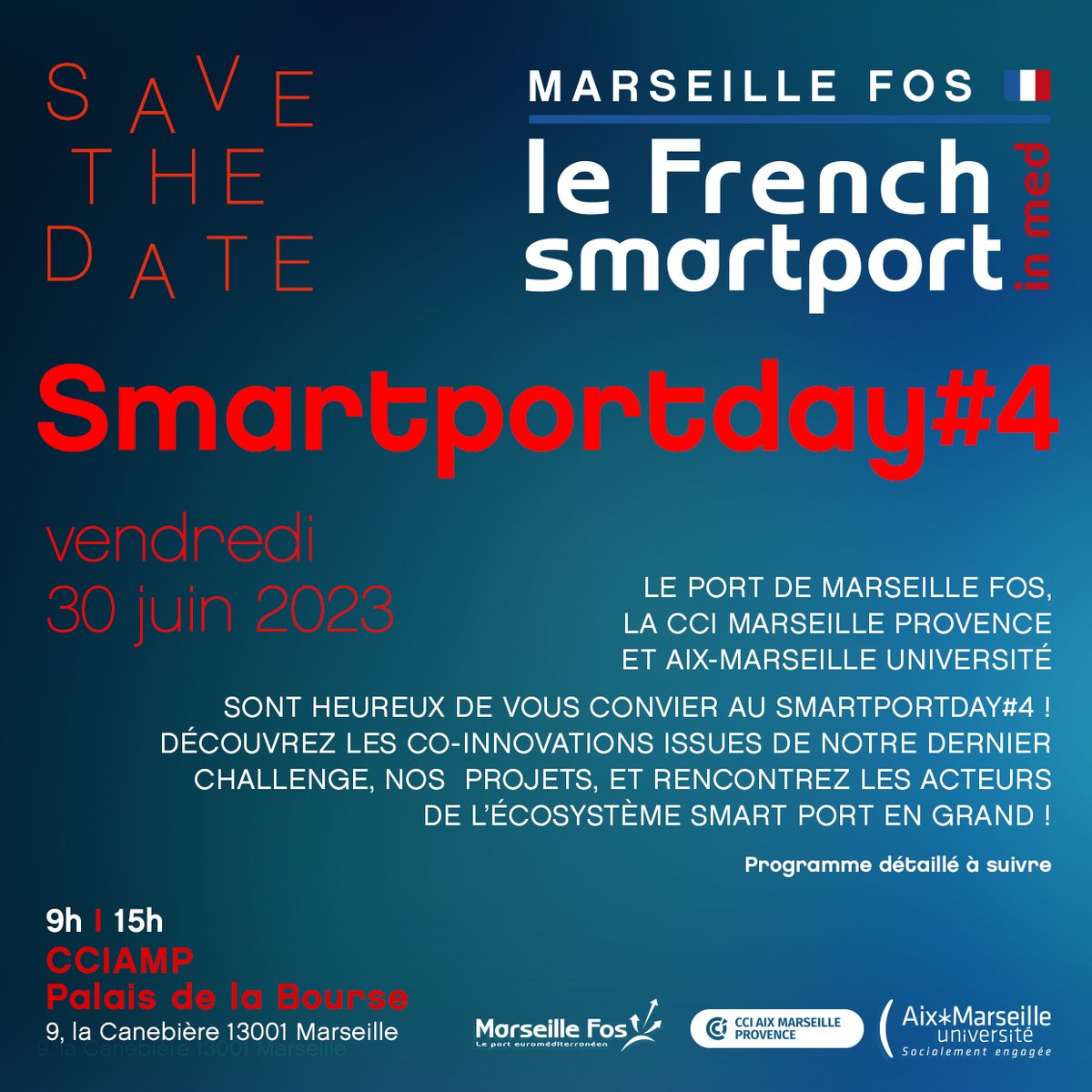🚩#SmartPortDay4 C’est officiel ! Rendez-vous le 📅30 juin 2023 pour la 4ème édition du SmartPortDay, l’évènement annuel de #FrenchSmartPortinMed🌐
Venez découvrir les nouveautés de notre démarche, les solutions du #SmartPortChallenge4 et rencontrez l’écosystème #smartportengrand